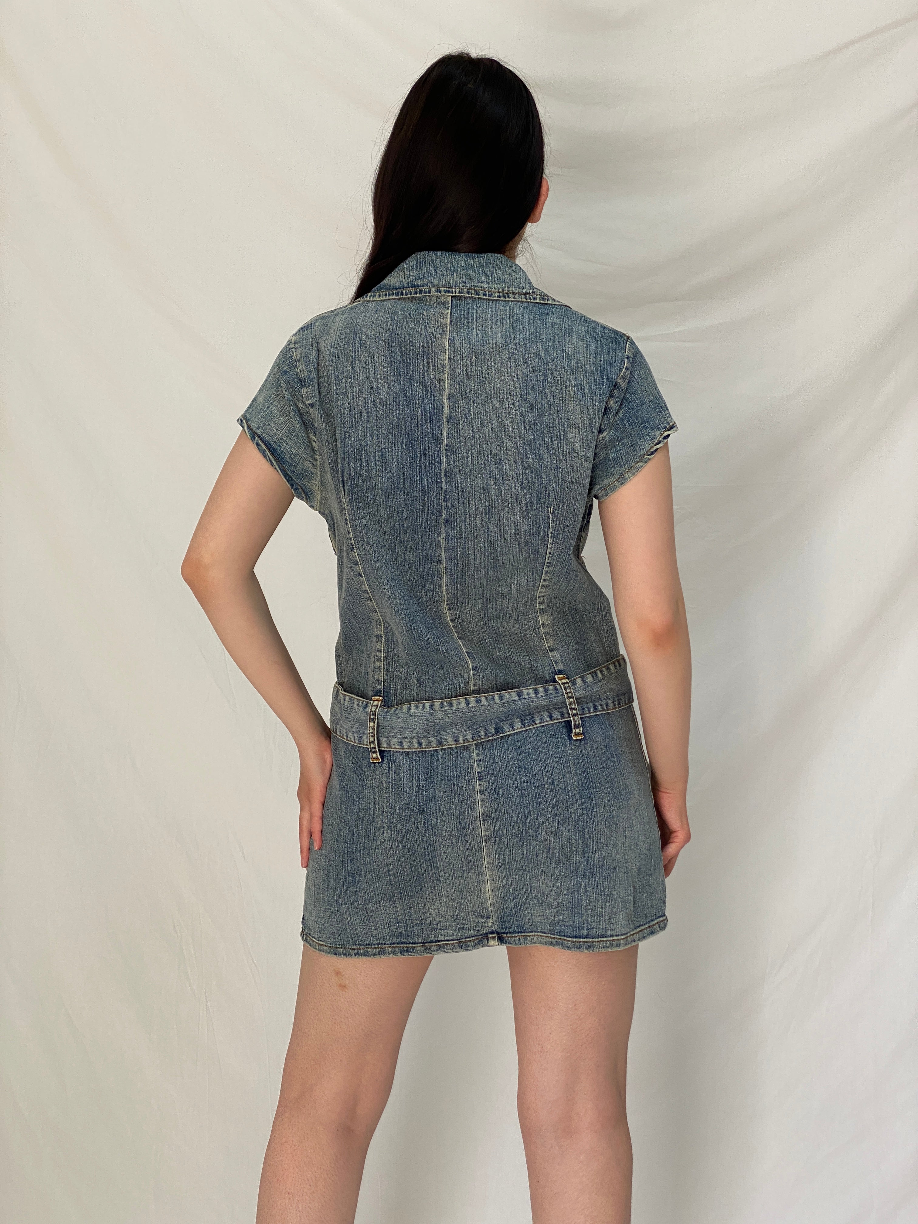 Vintage Y2K X-Mail Belted Zip Front Short Sleeve Denim Dress – M