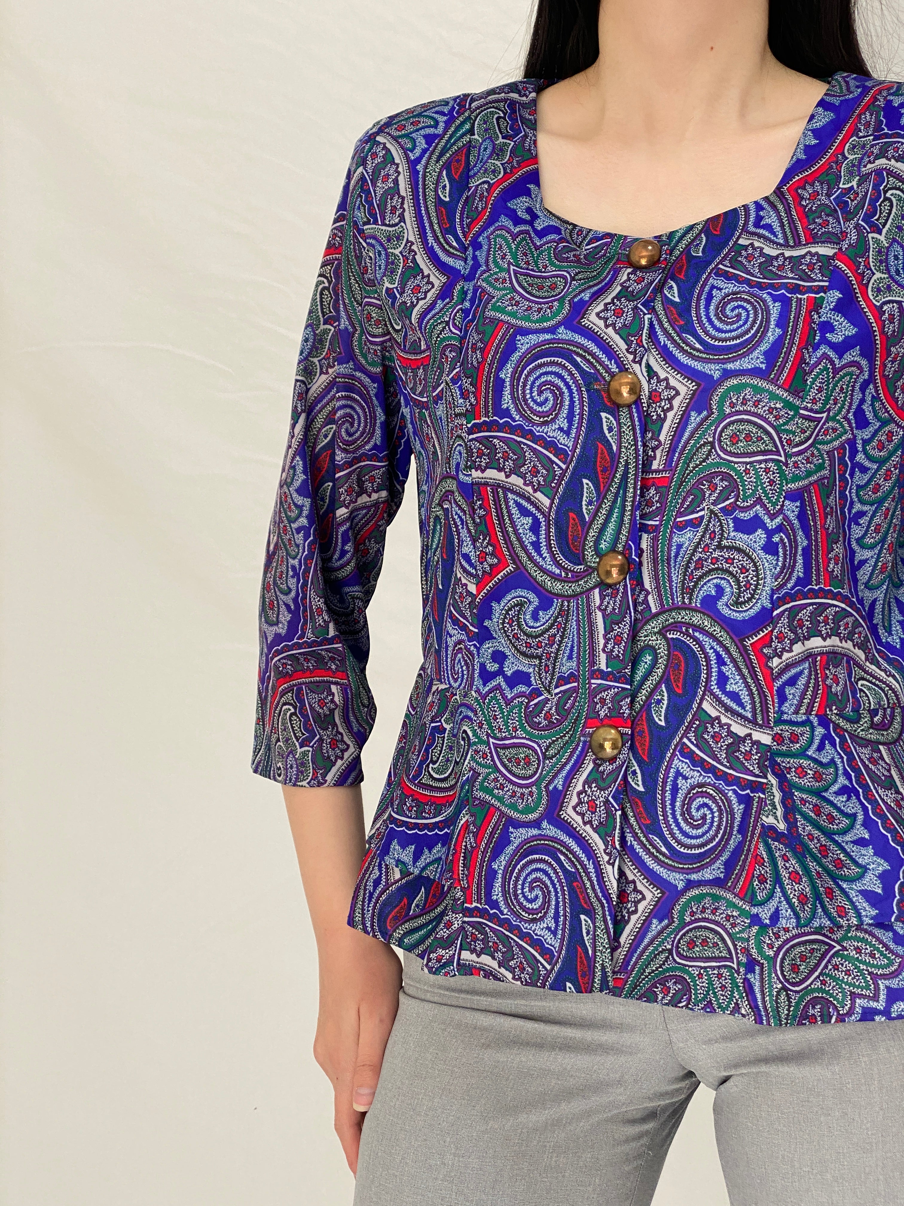 Vintage Amanda Blair Paisley Navy Peplum Satin Blouse Jewel Tone Print with Gold Buttons - L