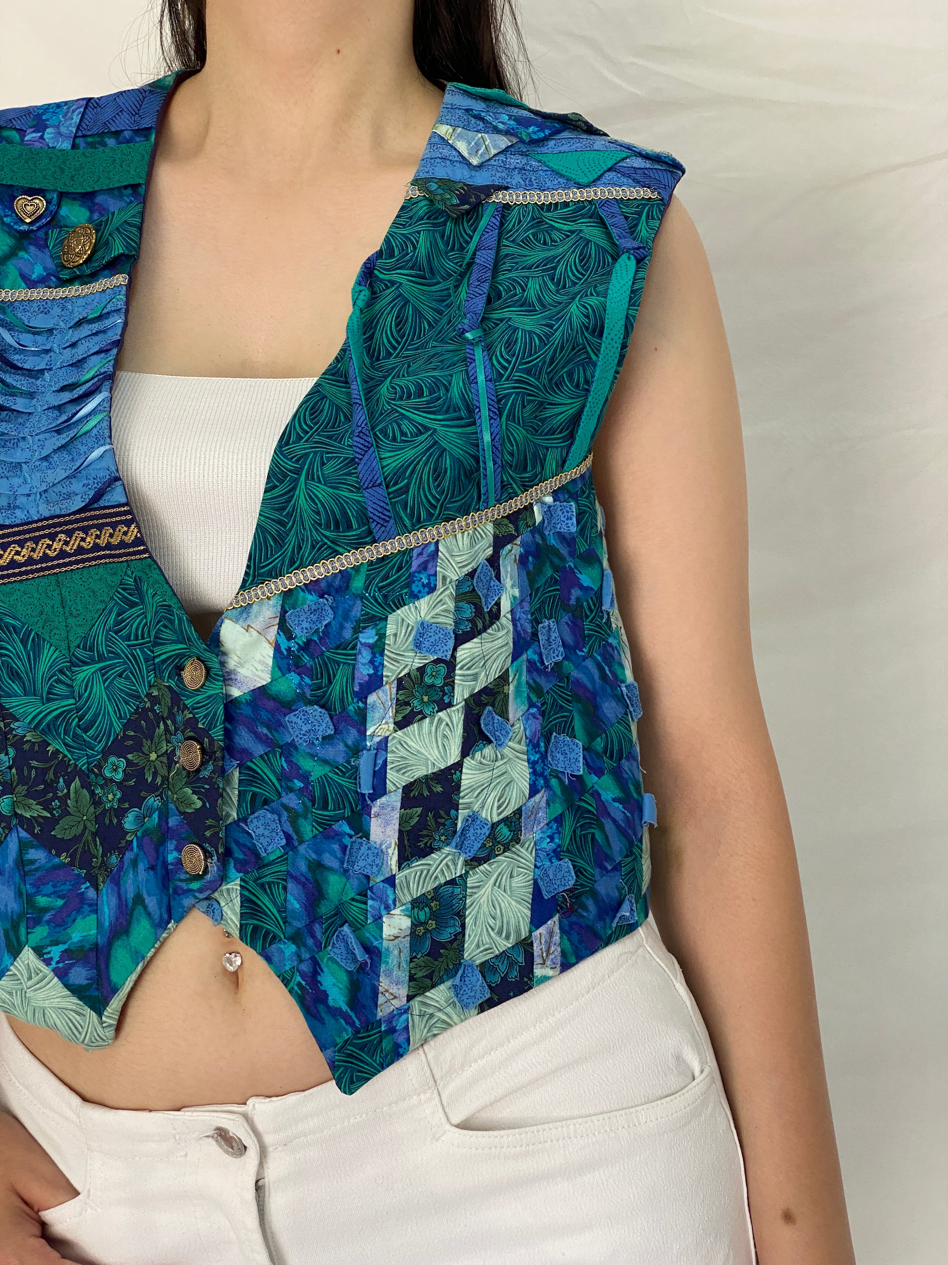 Vintage Handmade Blue & Green Quilted Patchwork Artisan Vest – M