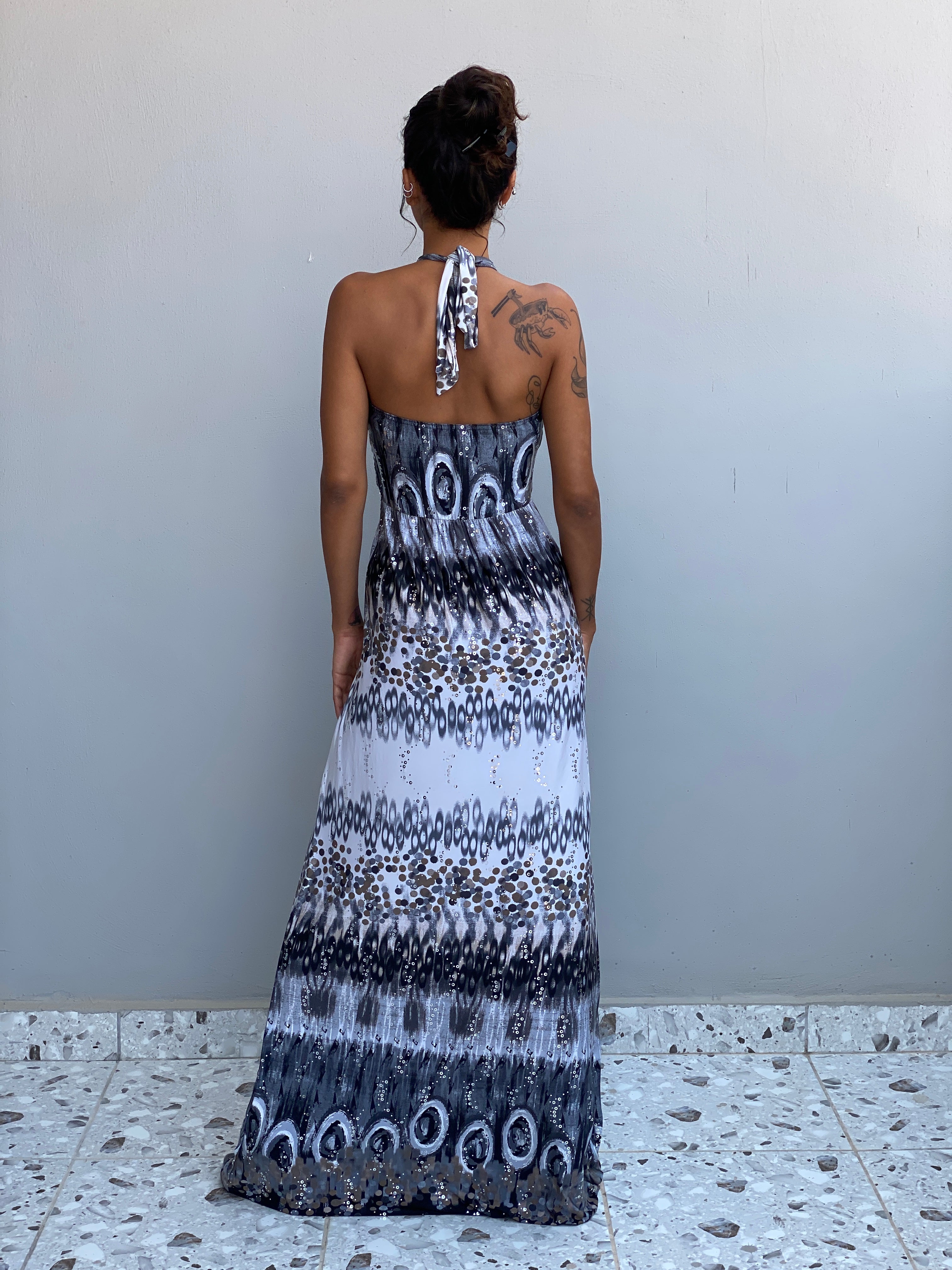Vintage Y2K Evita Grey Black Sequin Halter Neck Maxi Dress - S
