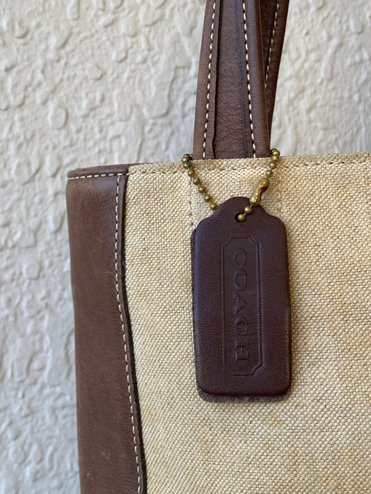 Rare Vintage Coach B9C-6120 Tan Canvas & Brown Leather Small Tote Handbag 90s Mini Satchel Purse