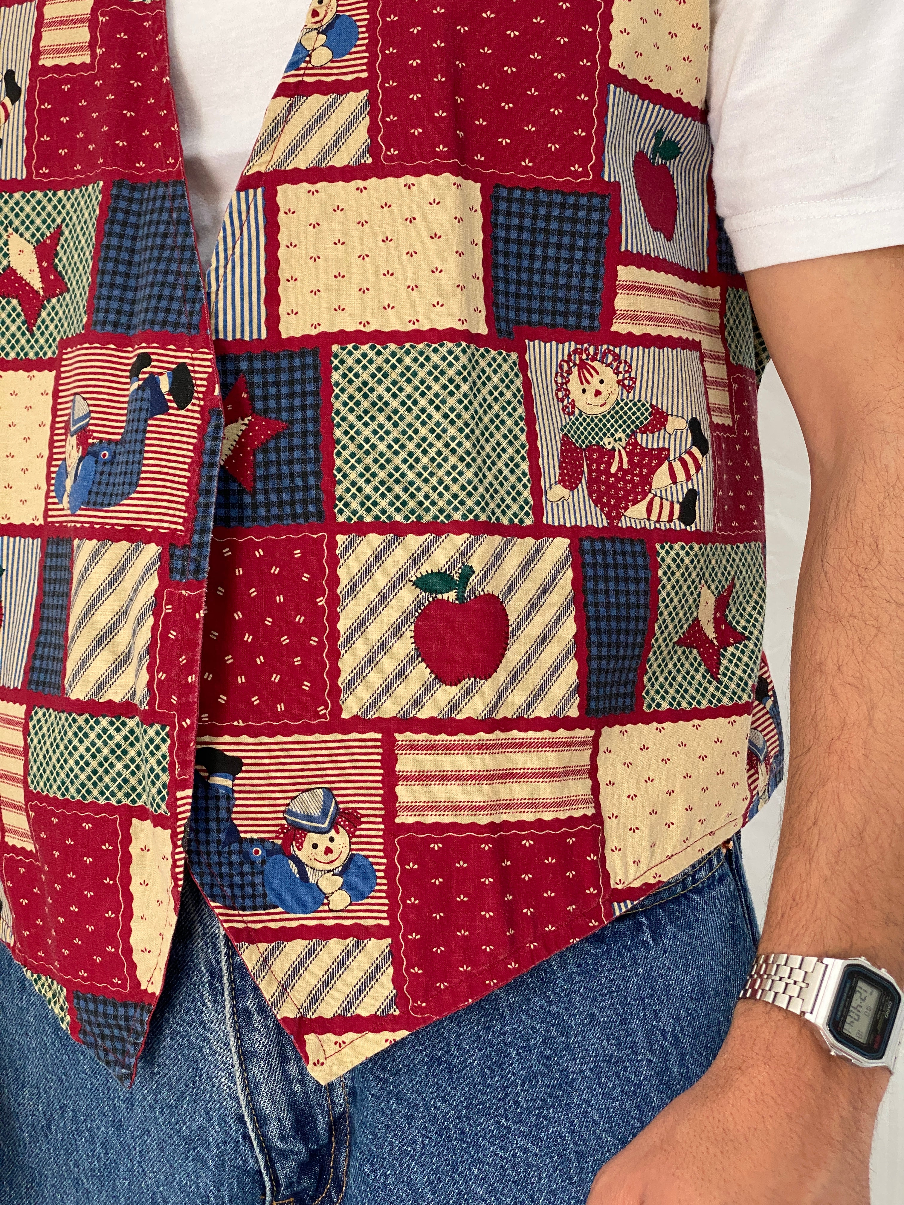 Vintage Handmade Patchwork Novelty Vest Red Folk Cotton Waistcoat – L