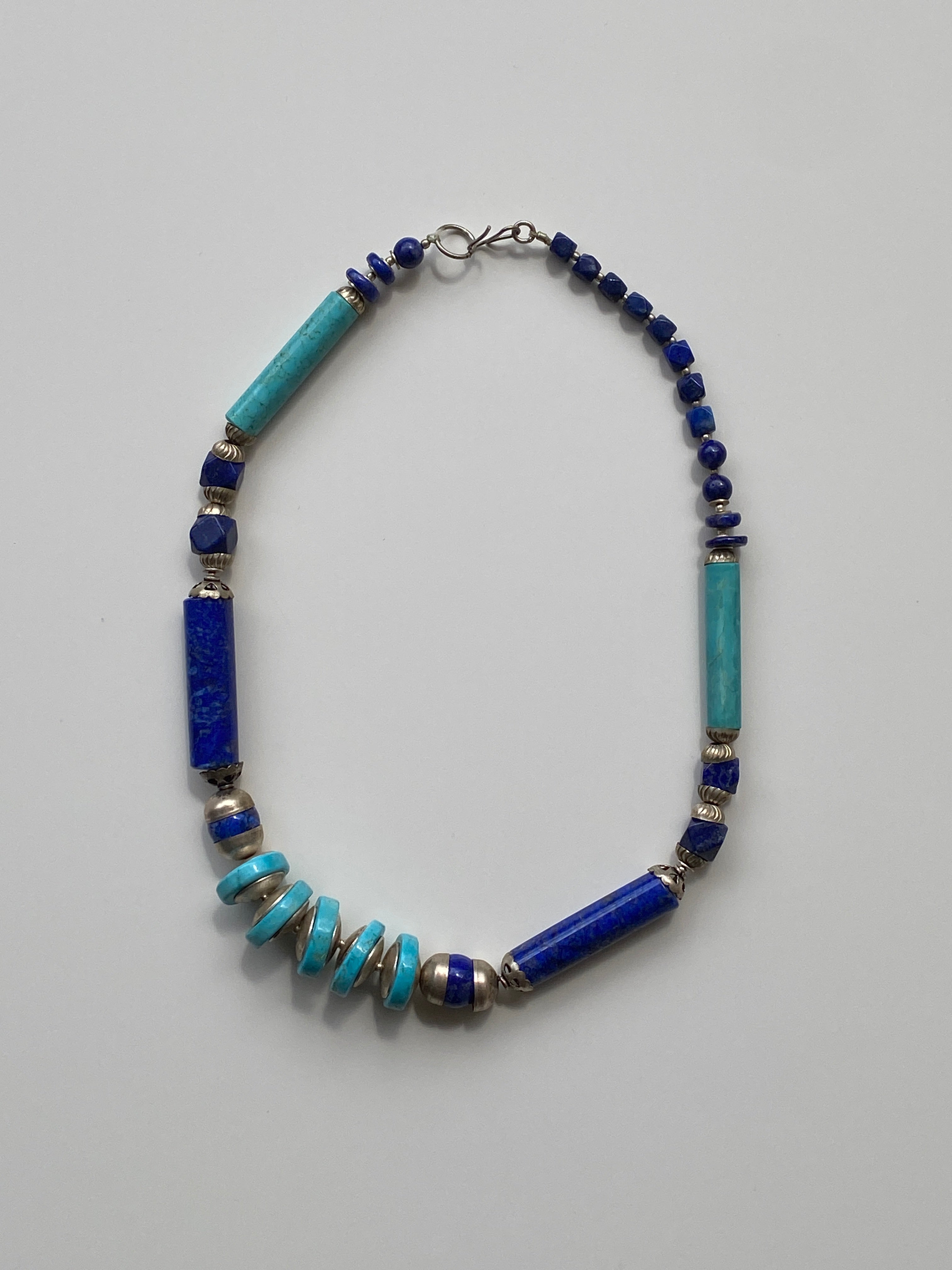 Vintage Lapis Lazuli & Turquoise Stone Beaded Necklace with Silver Spacers