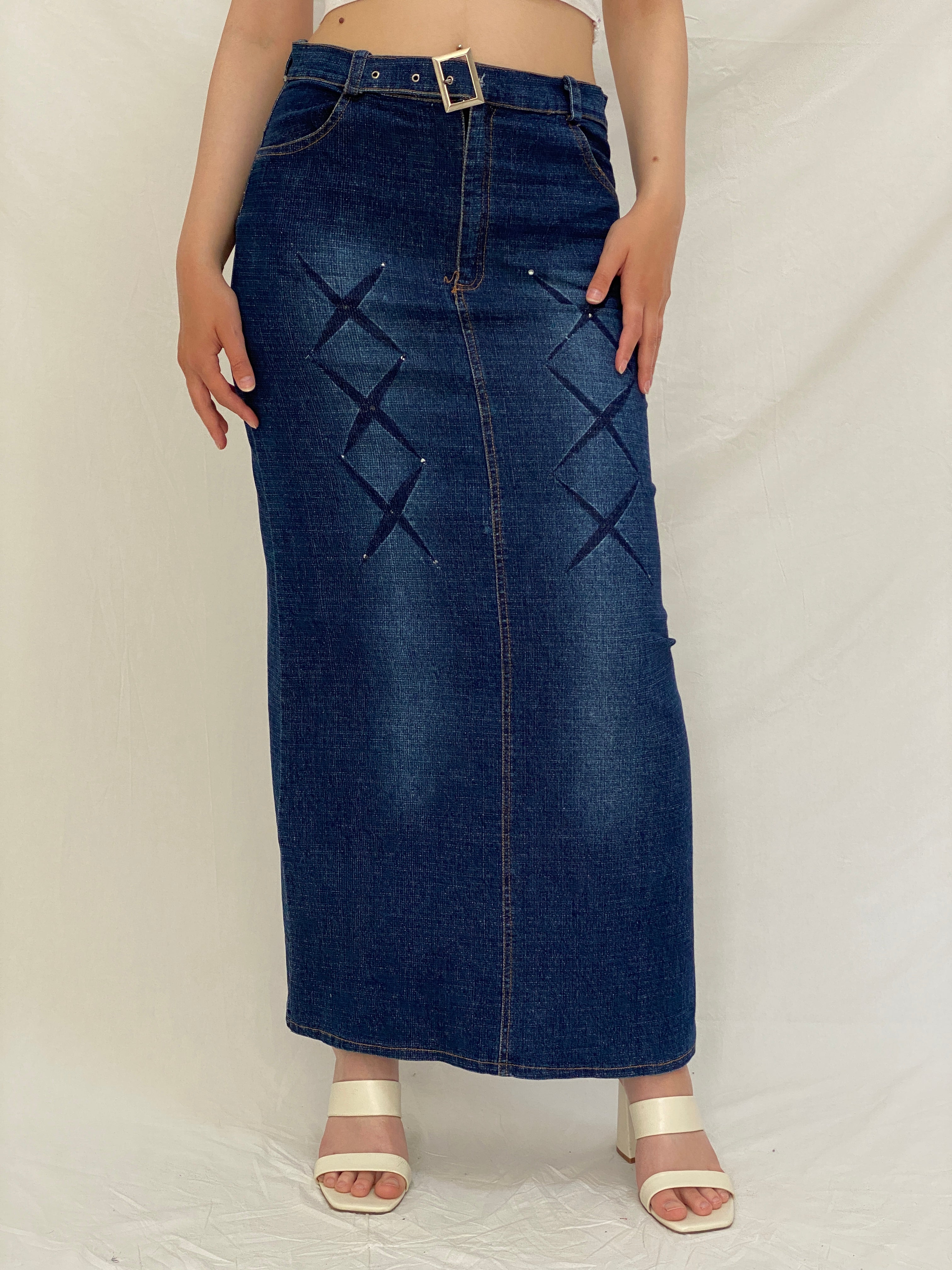 Vintage Y2K Stretch Denim Maxi Skirt Blue Belted Jean Skirt – M