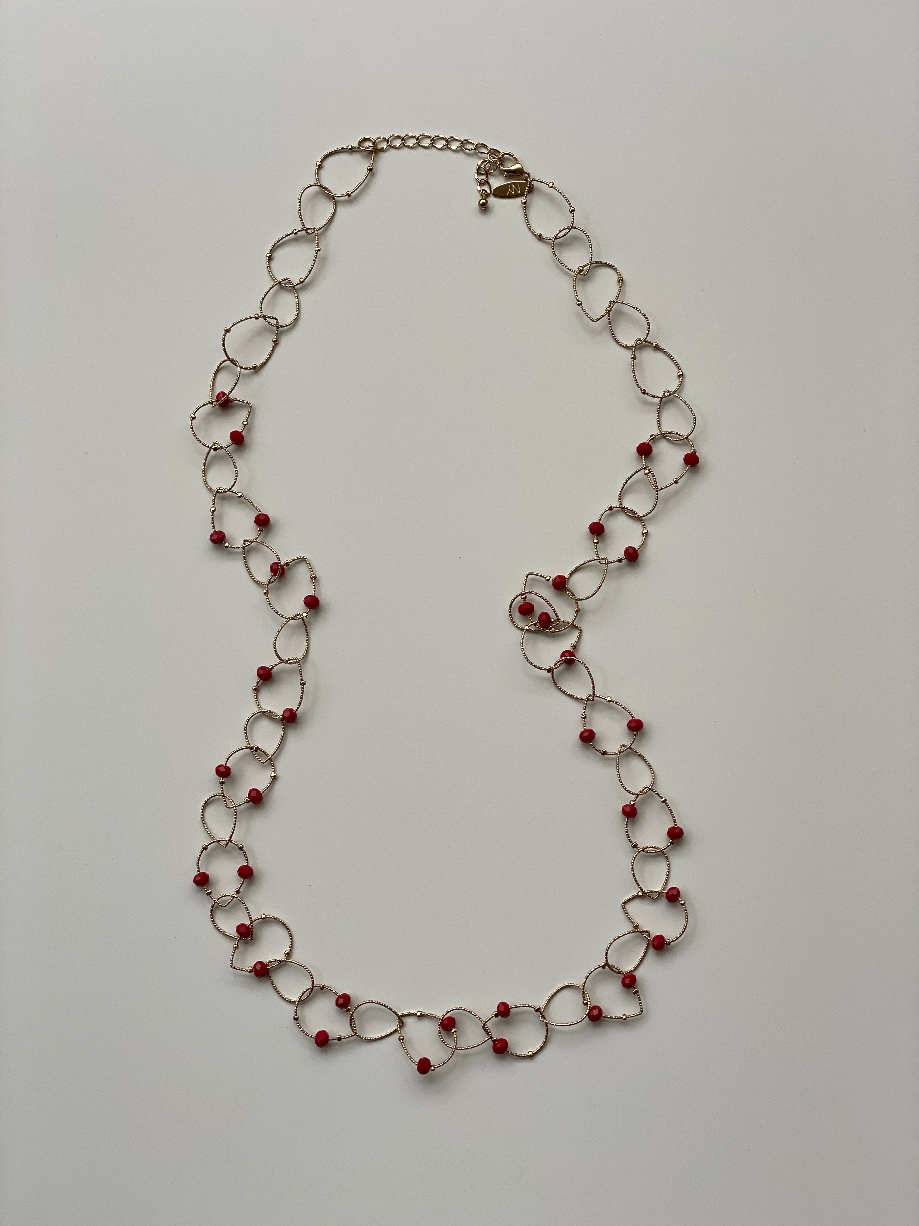 Vintage NY Gold Tone Open Link Chain Necklace with Red Crystal Beads
