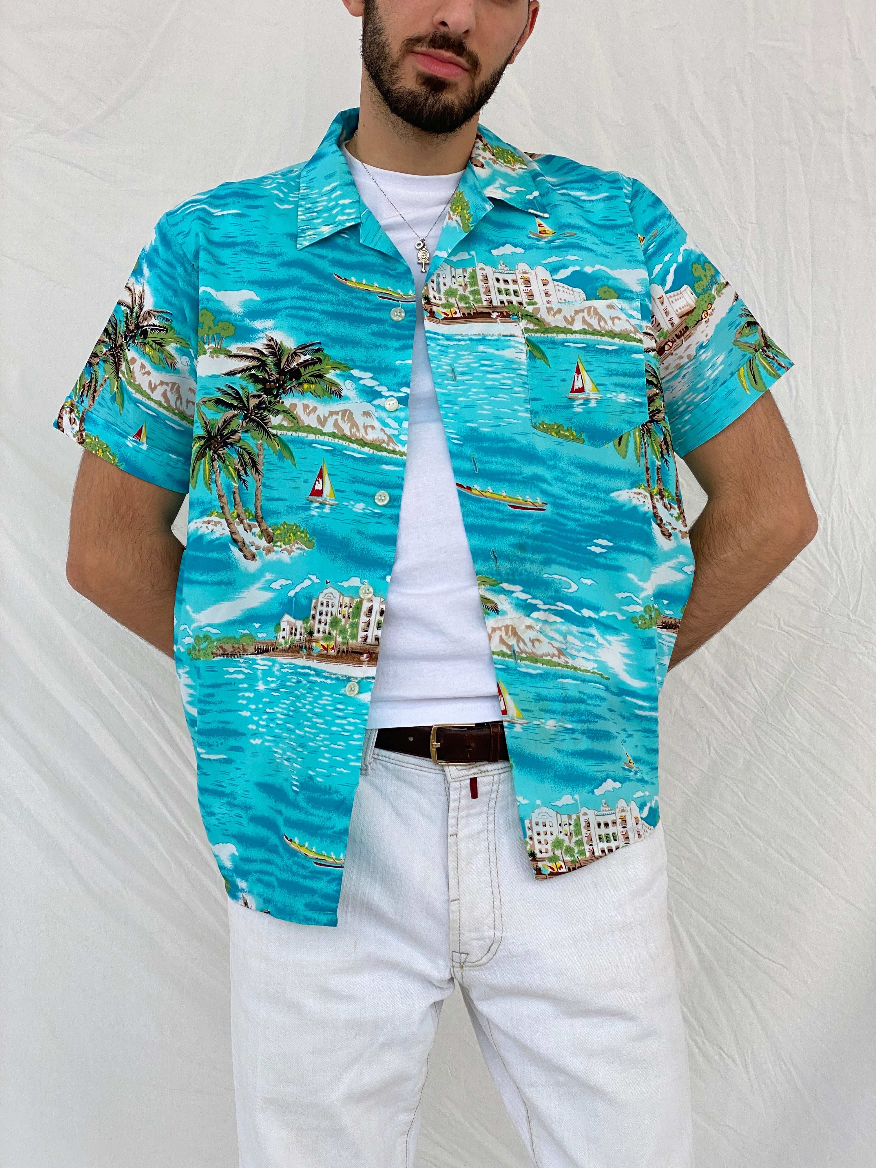 Vintage Romani Graphic Hawaiian Blue Beach Shirt - L - Balagan Vintage Half Sleeve Shirt 00s, 90s, Awsam, graphic, half sleeve shirt, NEW IN, printed shirt