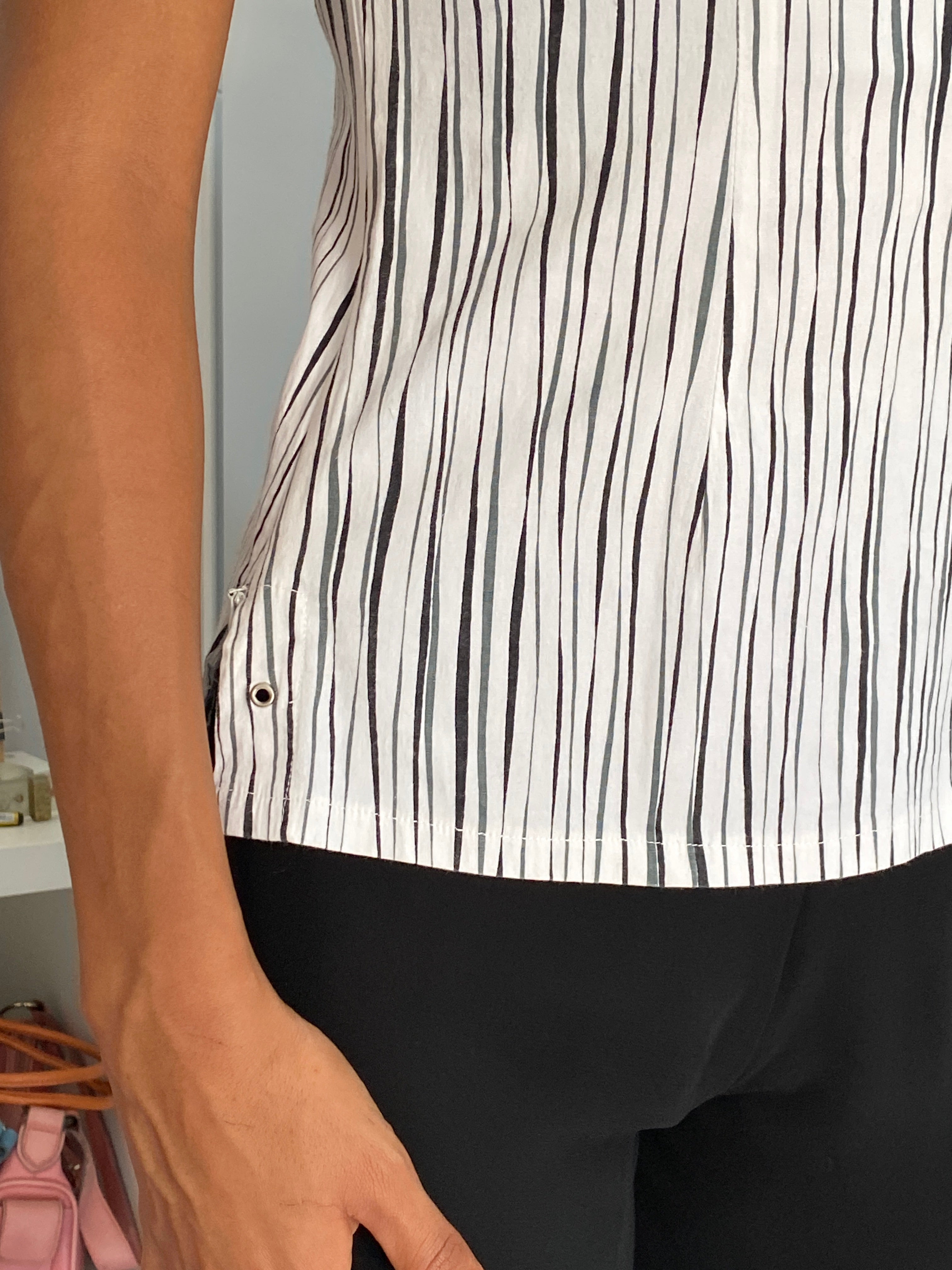 Vintage 90s GEM Fashion White Striped Cotton Stretch Fitted Collared Top - S