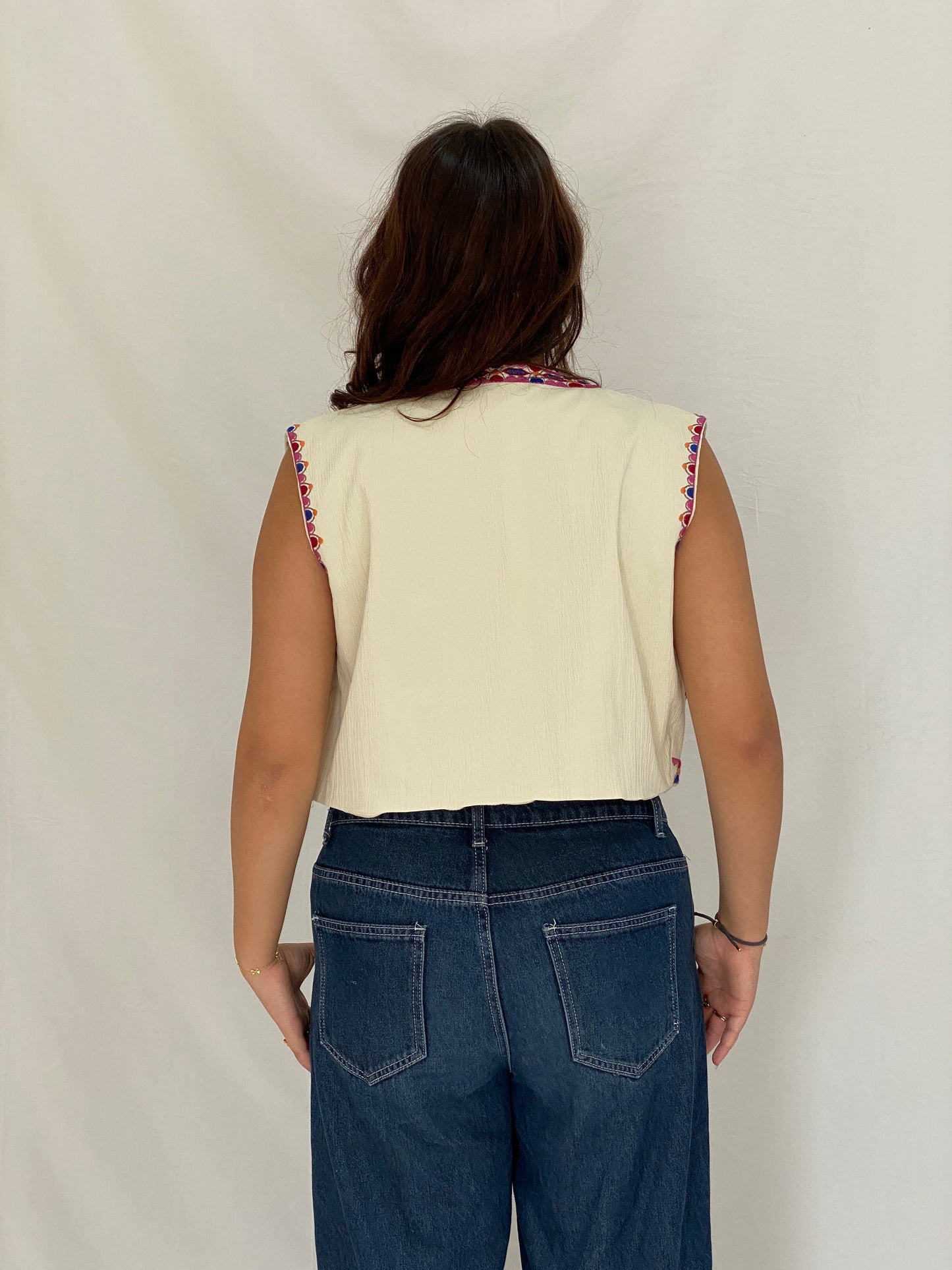 Vintage Beige Pink Floral Folk Embroidered Vest - M