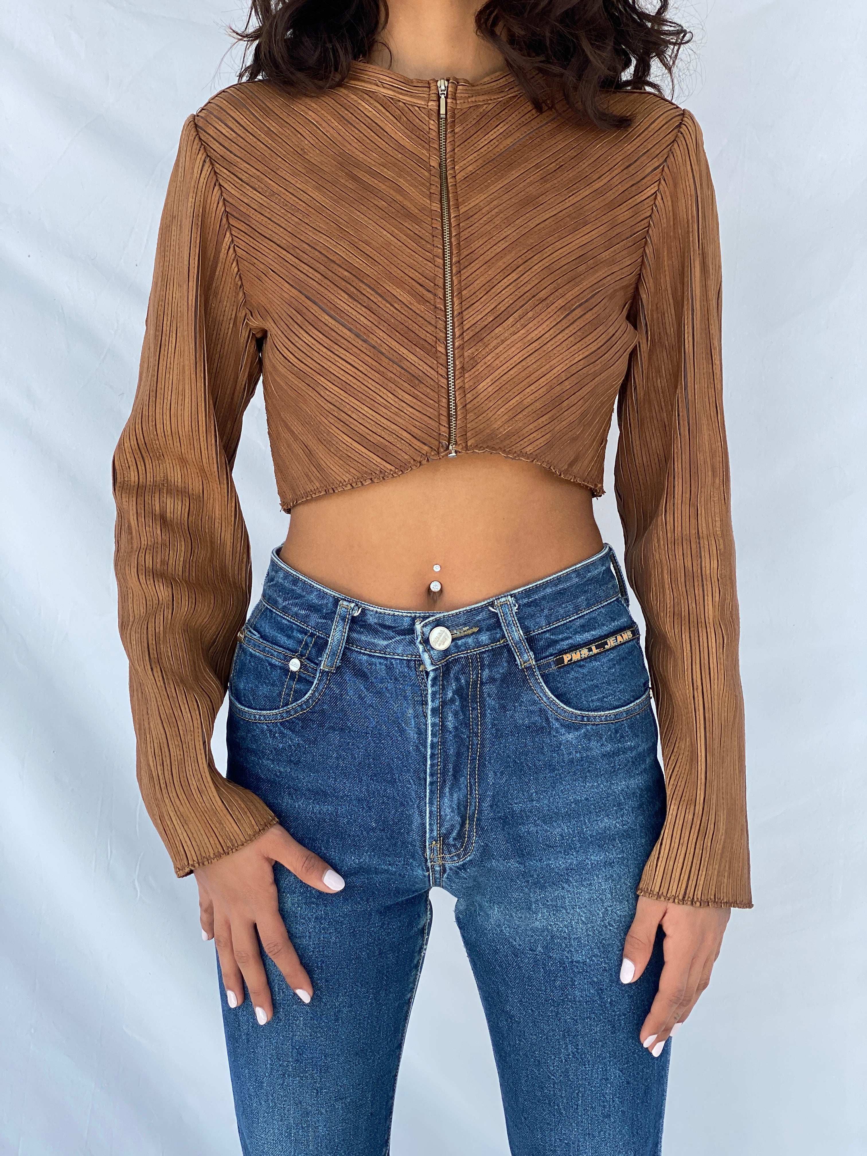 Vintage Brown Genuine Leather Zip Up Crop Top - Size S - Balagan Vintage Full Sleeve Top 90s, full sleeve top, Tojan, winter