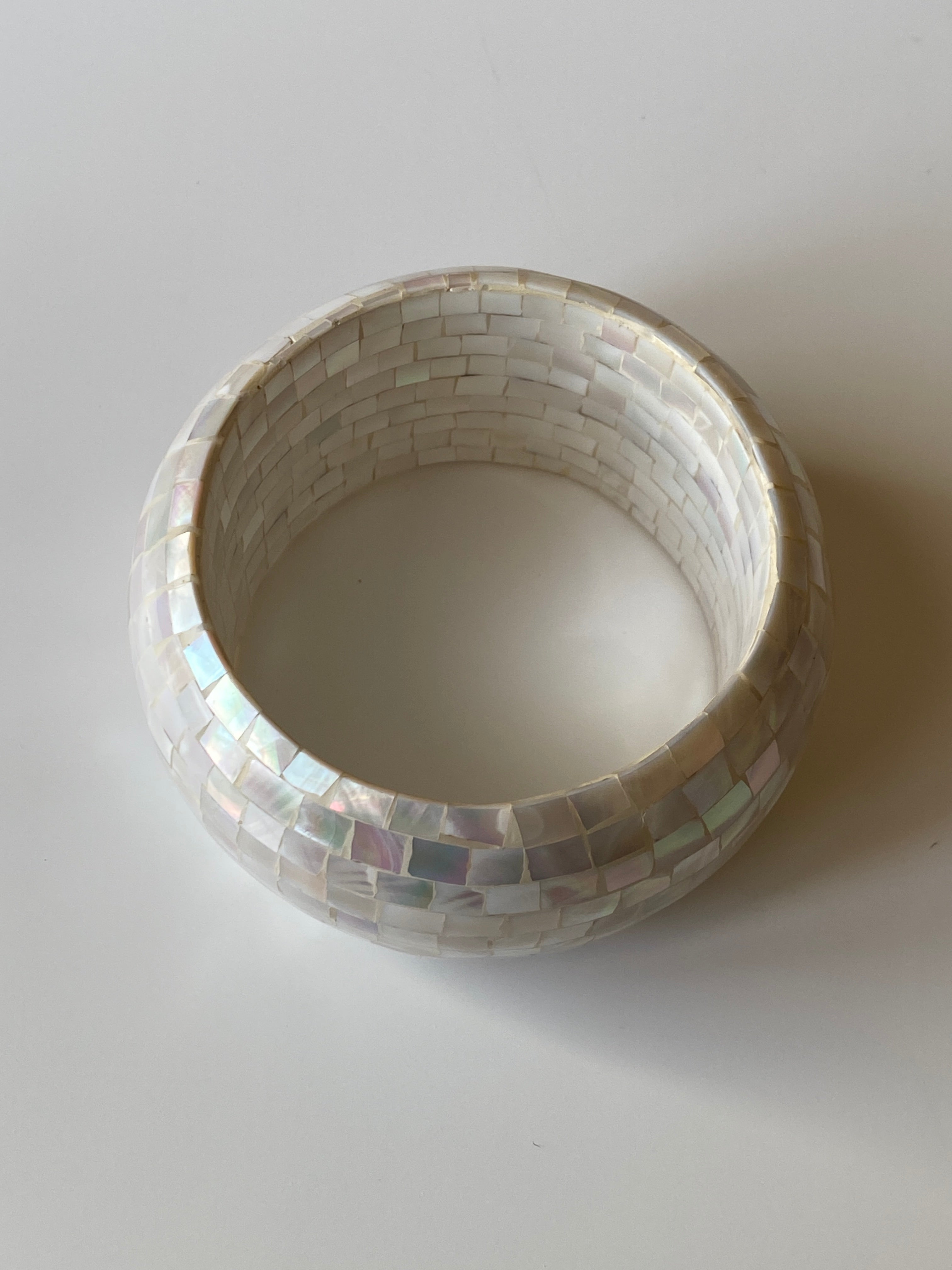 Vintage Mother of Pearl Mosaic Bangle Bracelet Iridescent Shell Inlay Statement Cuff