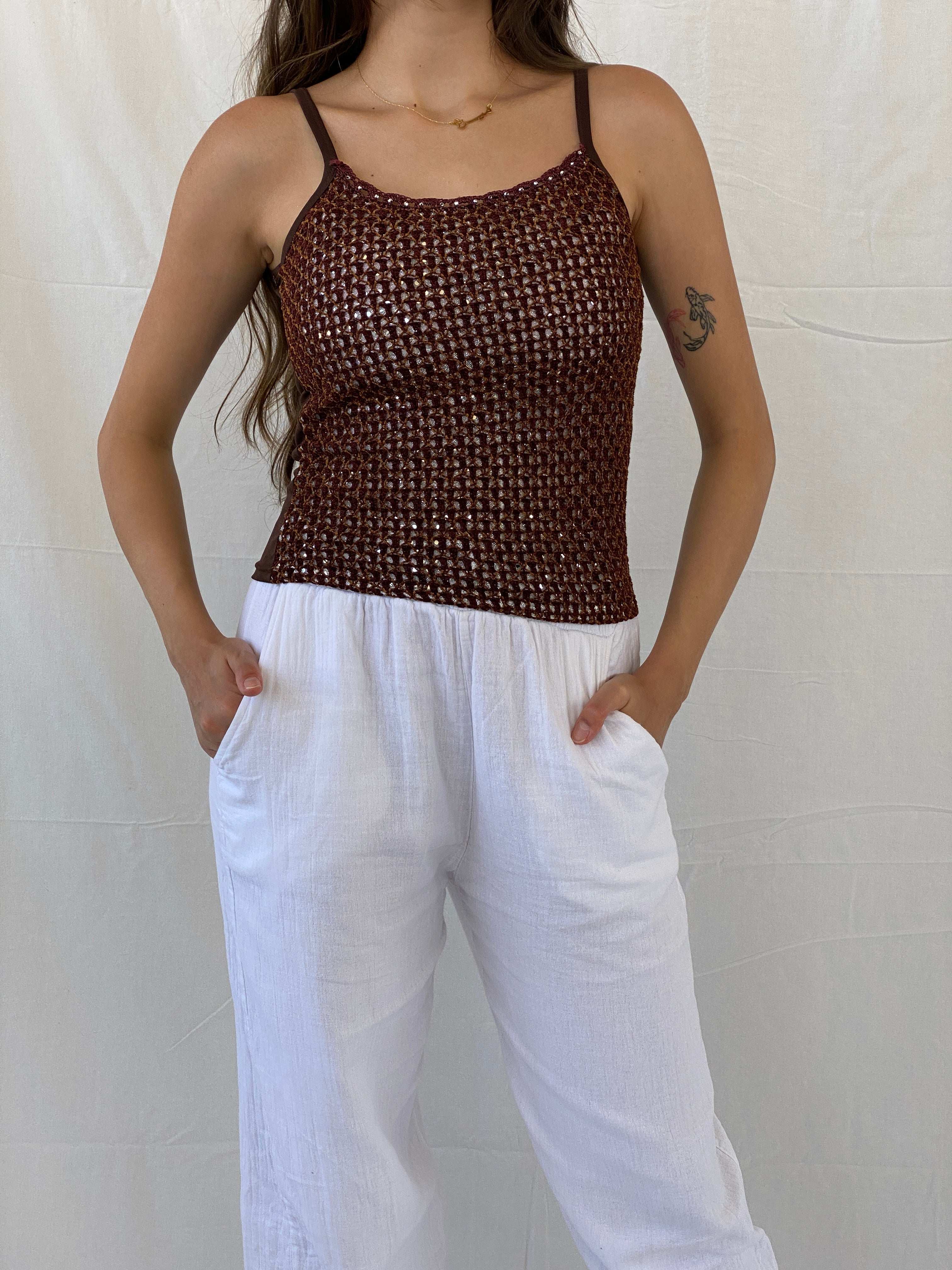 Y2K Brown Cami Top With Shimmery Knitted Crochet Detailing - M