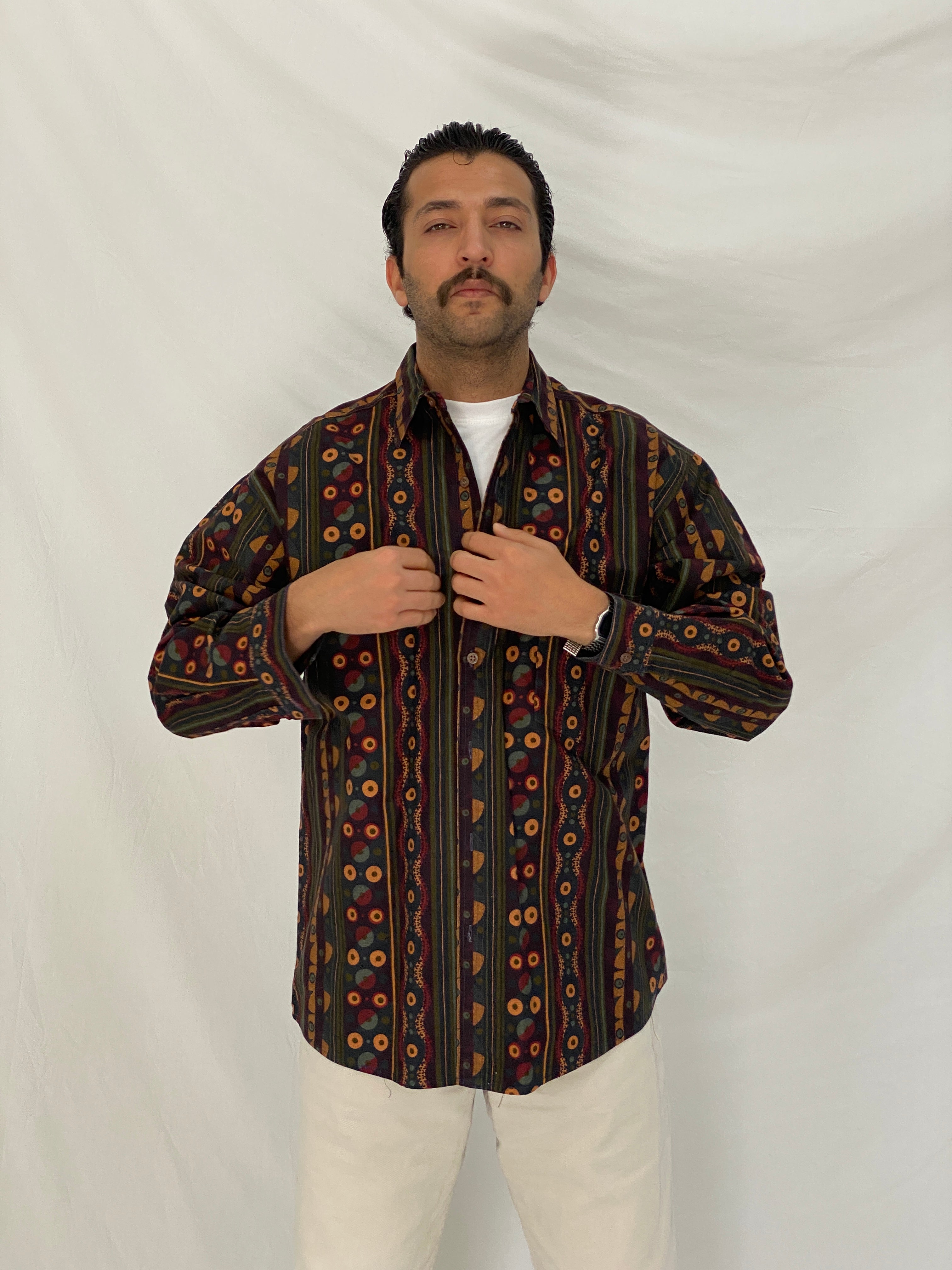 Vintage 90s Mekay Geometric Tribal Stripe Button Up Shirt Abstract Long Sleeve Oversized Fit - L