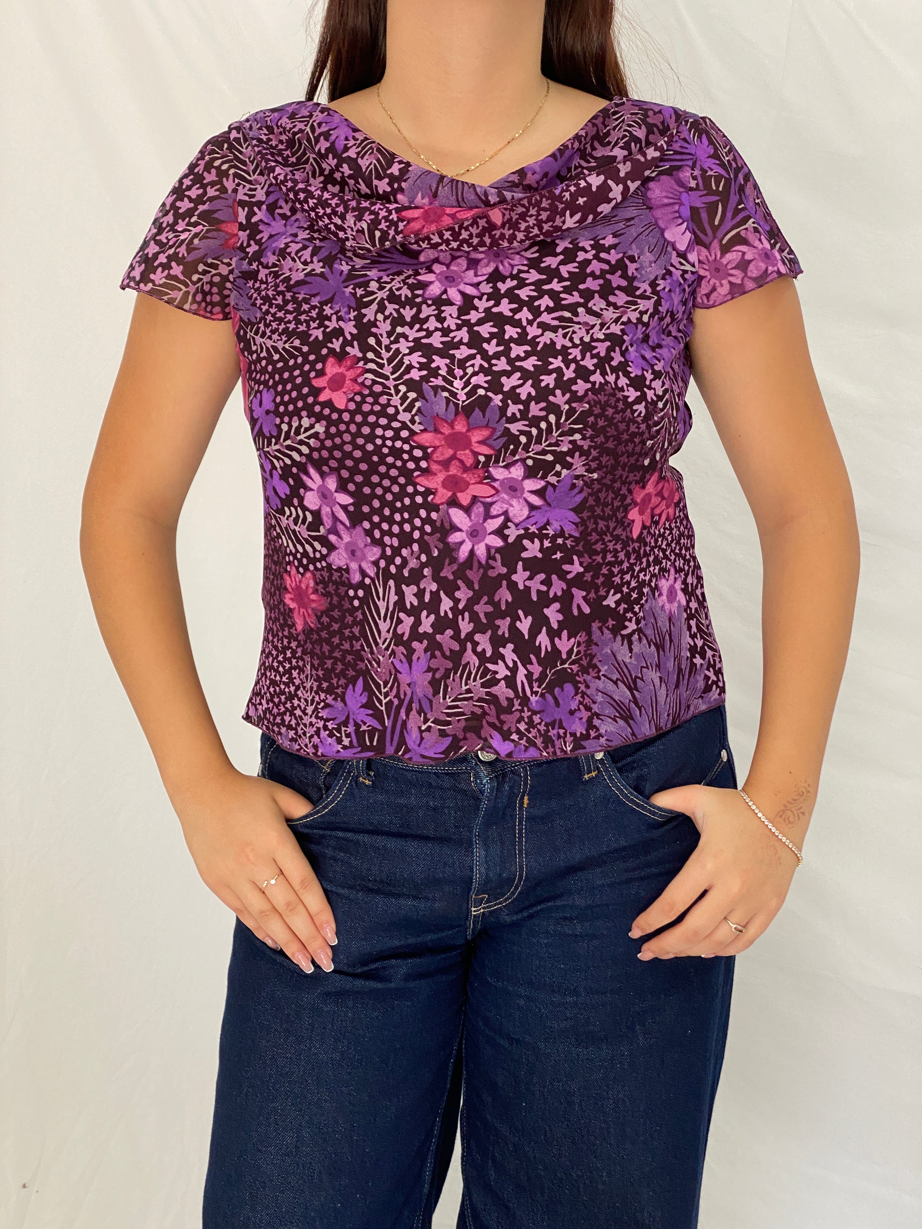 Vintage Y2K Studio I Petite Purple Floral Mesh Cowl Neck Top – M