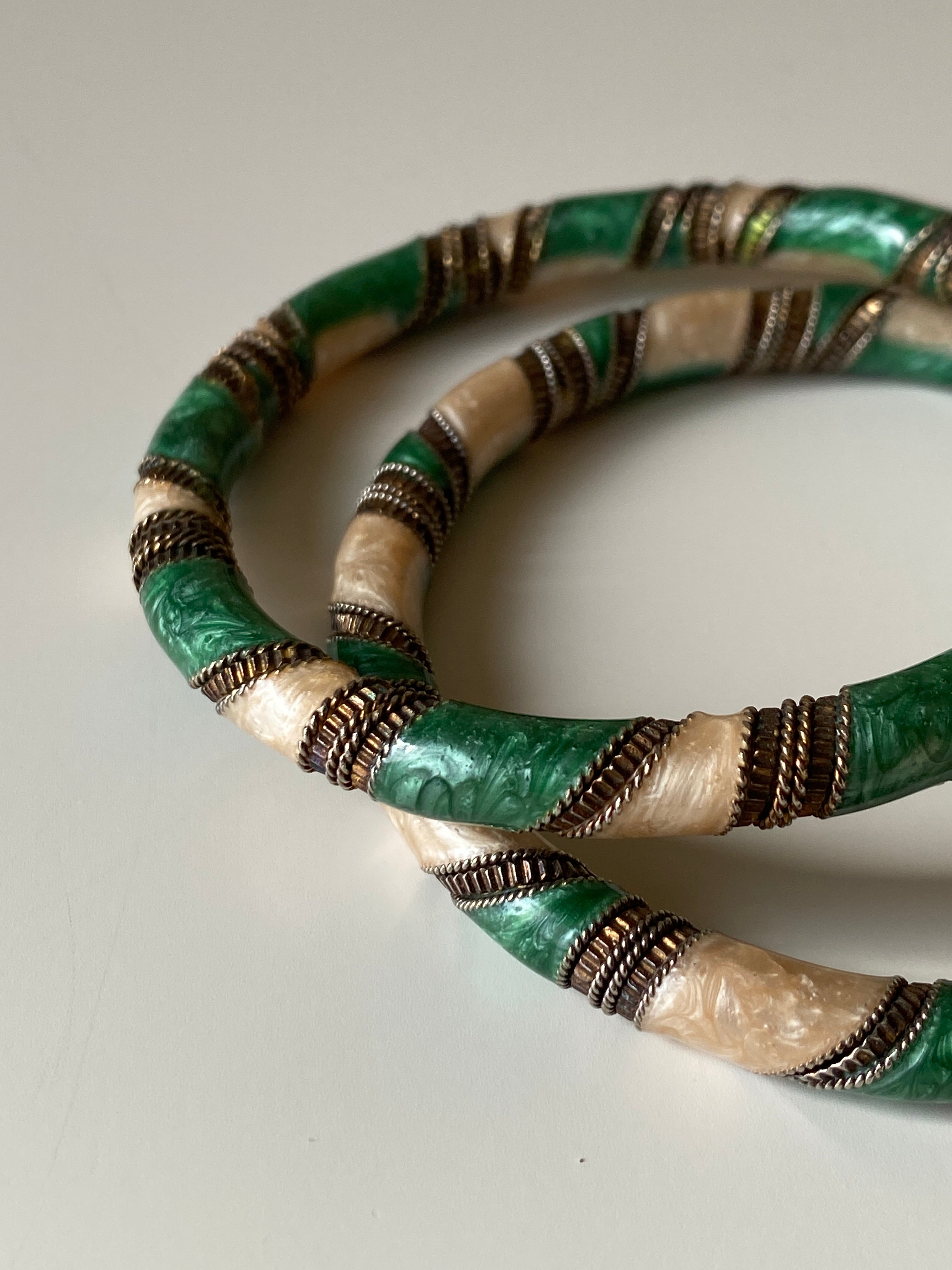 Vintage Green & Ivory Faux Malachite Rigid Bangles with Brass-Tone Detailing