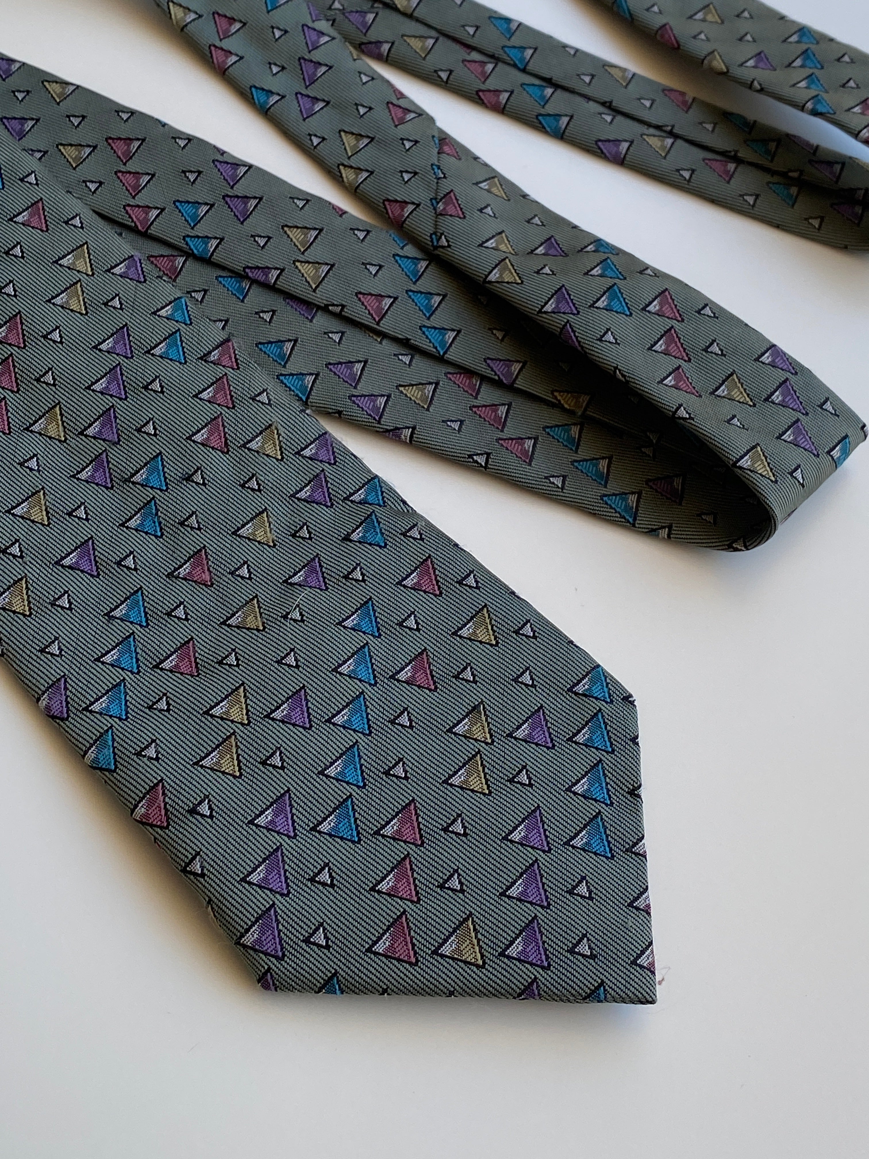 Vintage 1990s Grey Multicolor Geometric Triangle Polyester Necktie