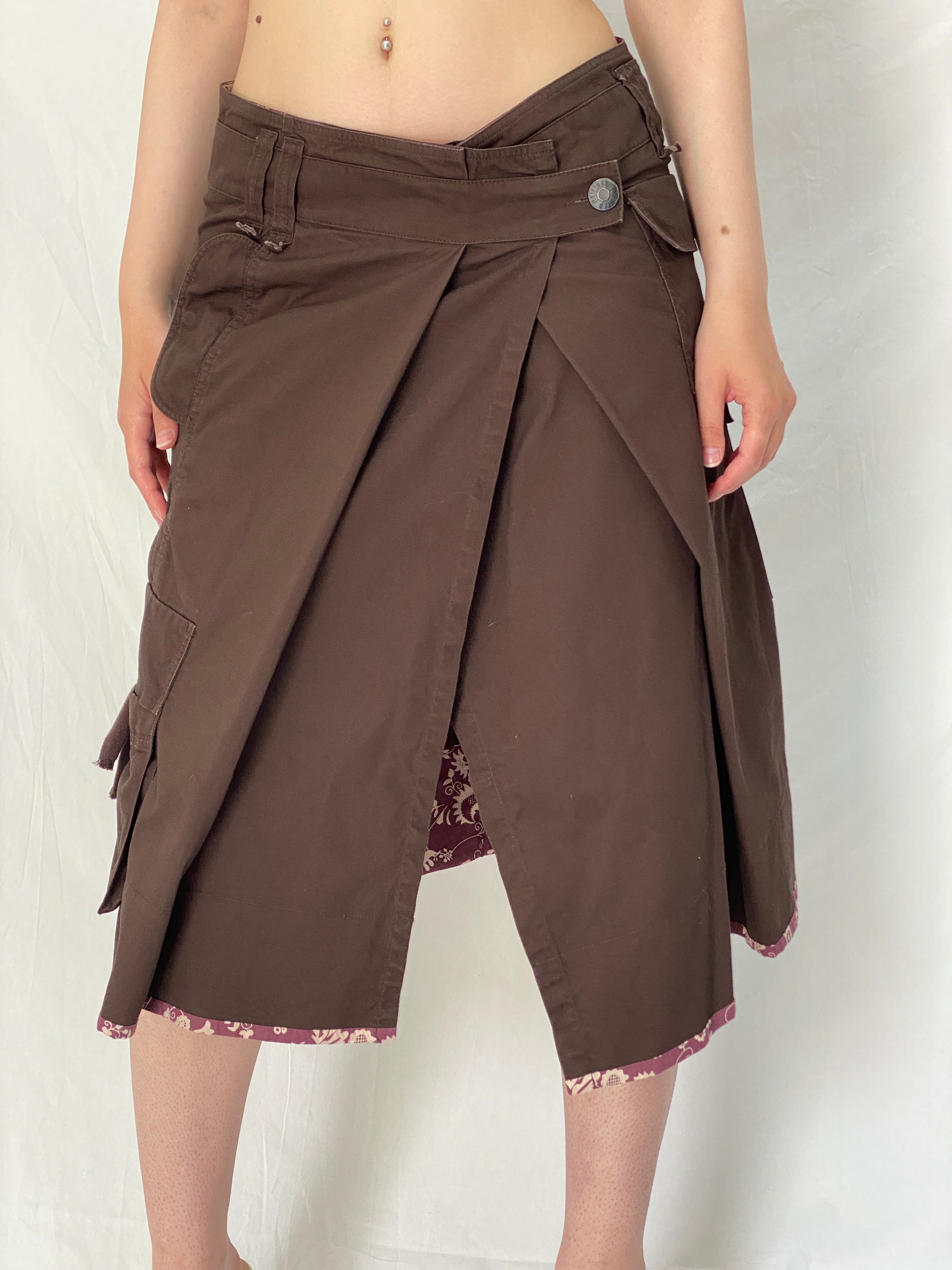Vintage IKKS Brown Utility Wrap Asymmetric Cargo Midi Skirt – M