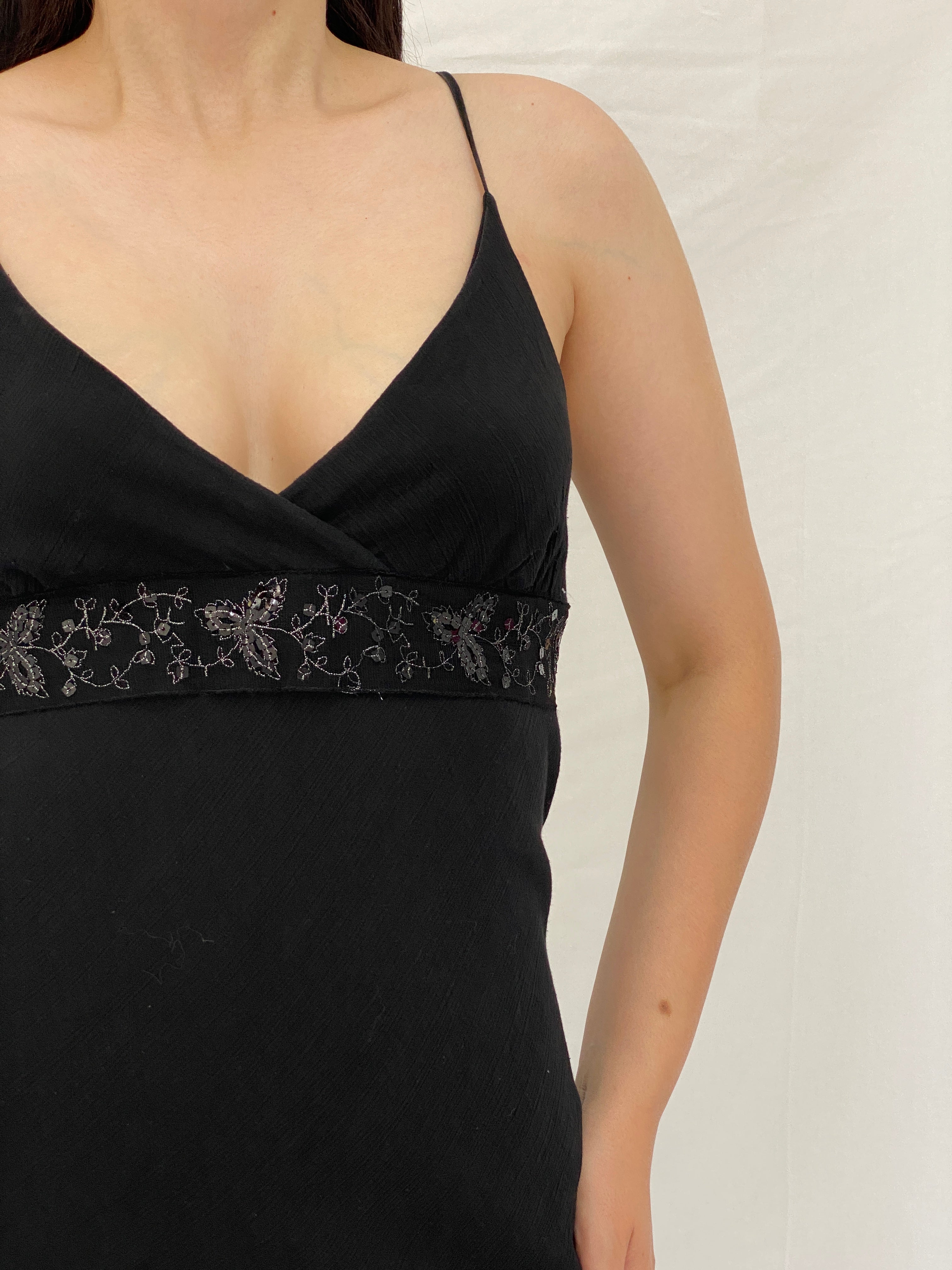 Vintage Y2K Wawa Black Embroidered Empire Waist Midi Slip Dress - L