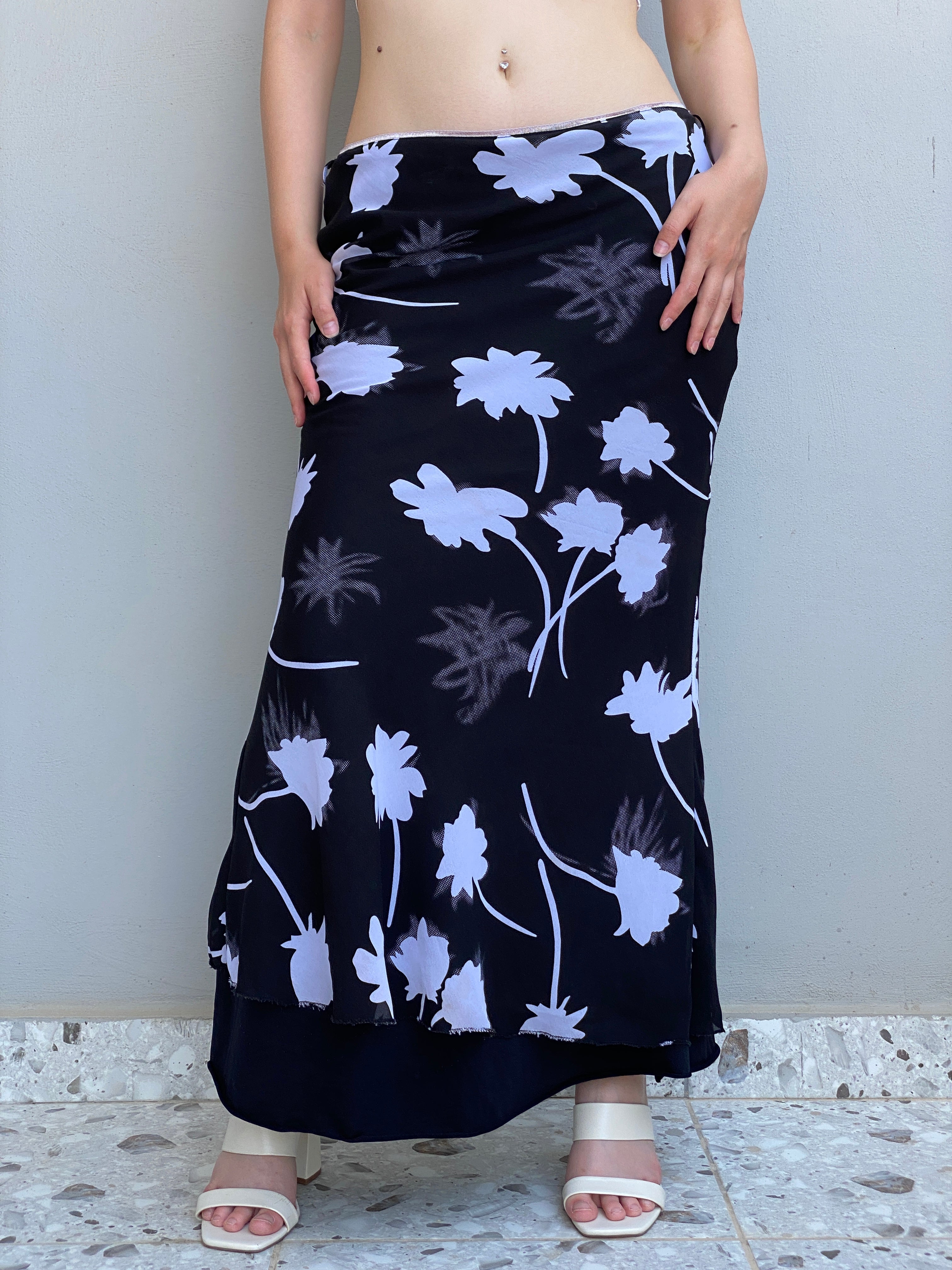 Vintage Y2K Black White Floral Maxi Monochrome Bias Cut Slip Skirt – L