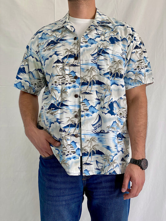 Vintage CHEROKEE Cotton Tropical Blue Island Men’s Hawaiian Shirt - L