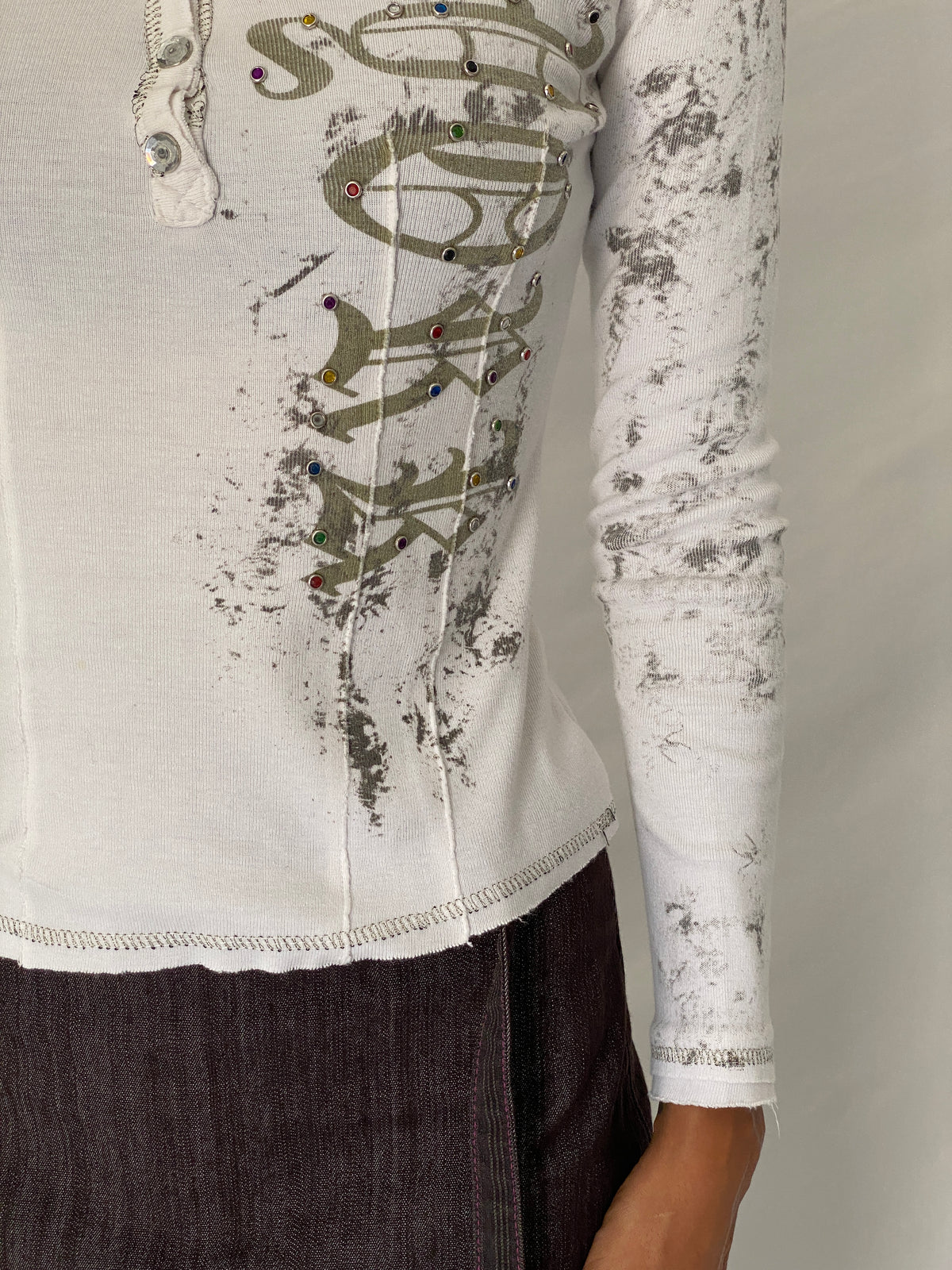 Y2K Holly Collection Rhinestone Graphic White Long Sleeve Top – S
