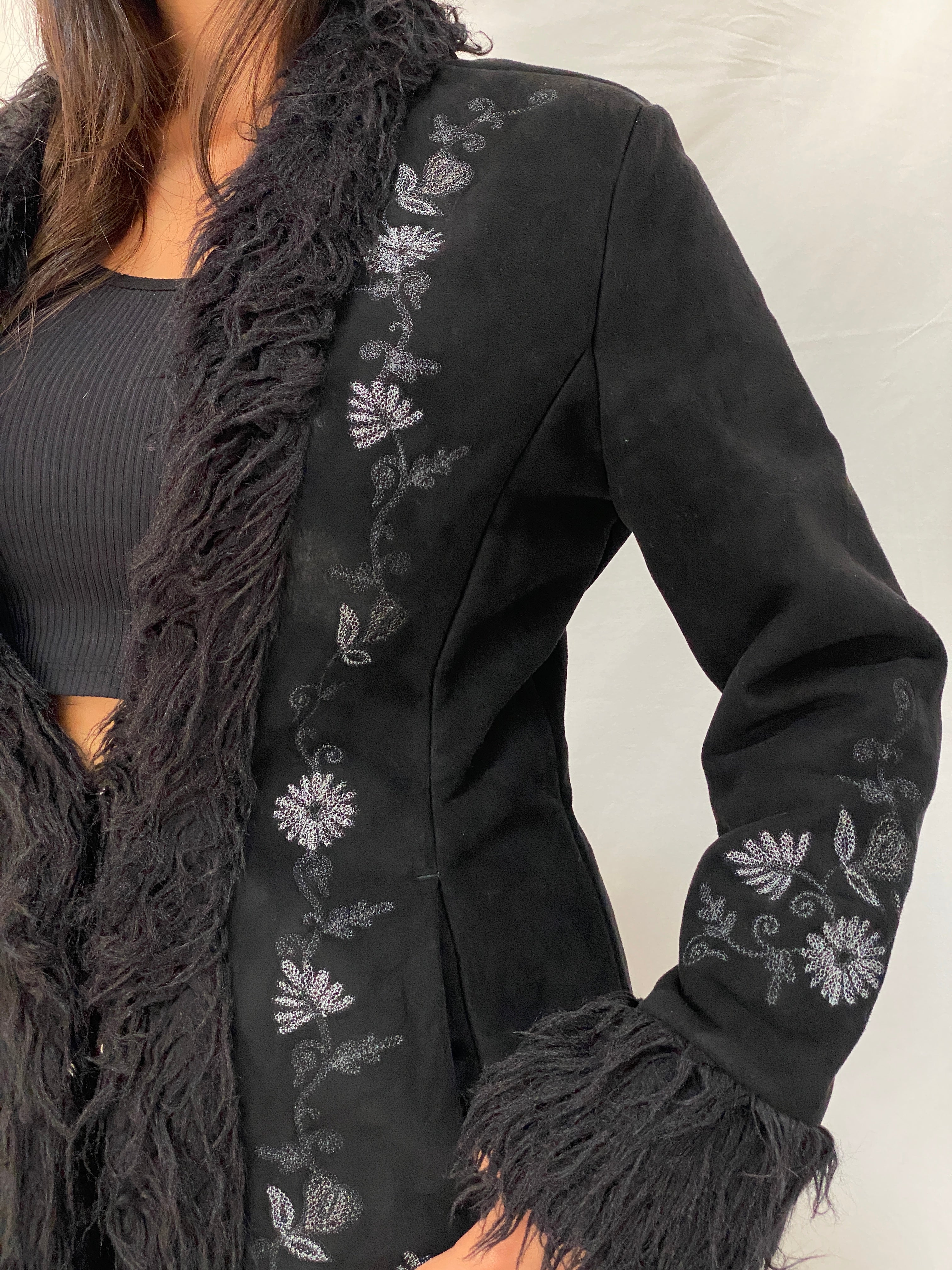 Vintage NEXT Black Embroidered Faux Suede Penny Lane Coat Y2K Boho Shaggy Trim Jacket - M