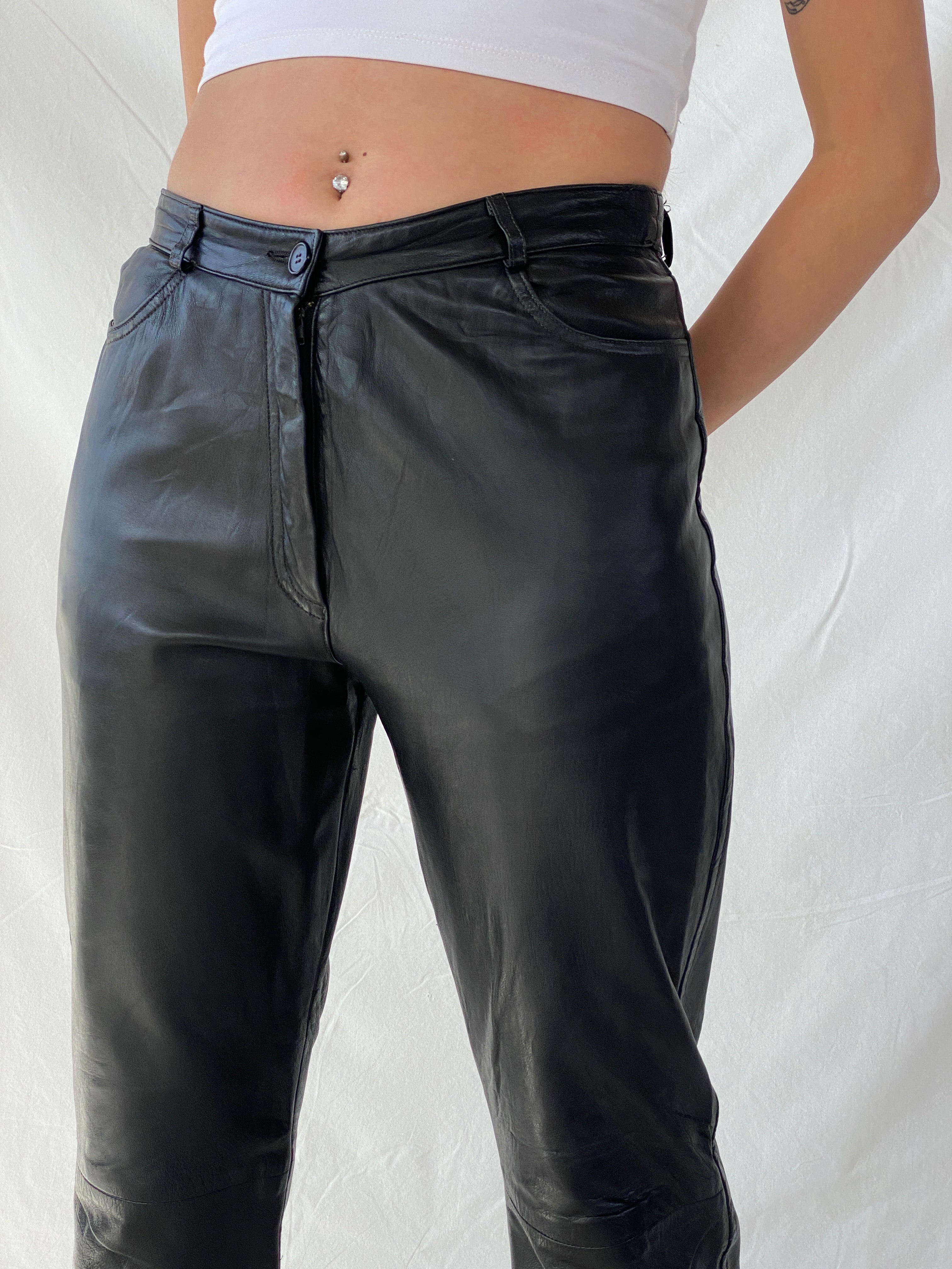 Vintage Aponaje Live Black Genuine Leather Motorcycle Pants - L