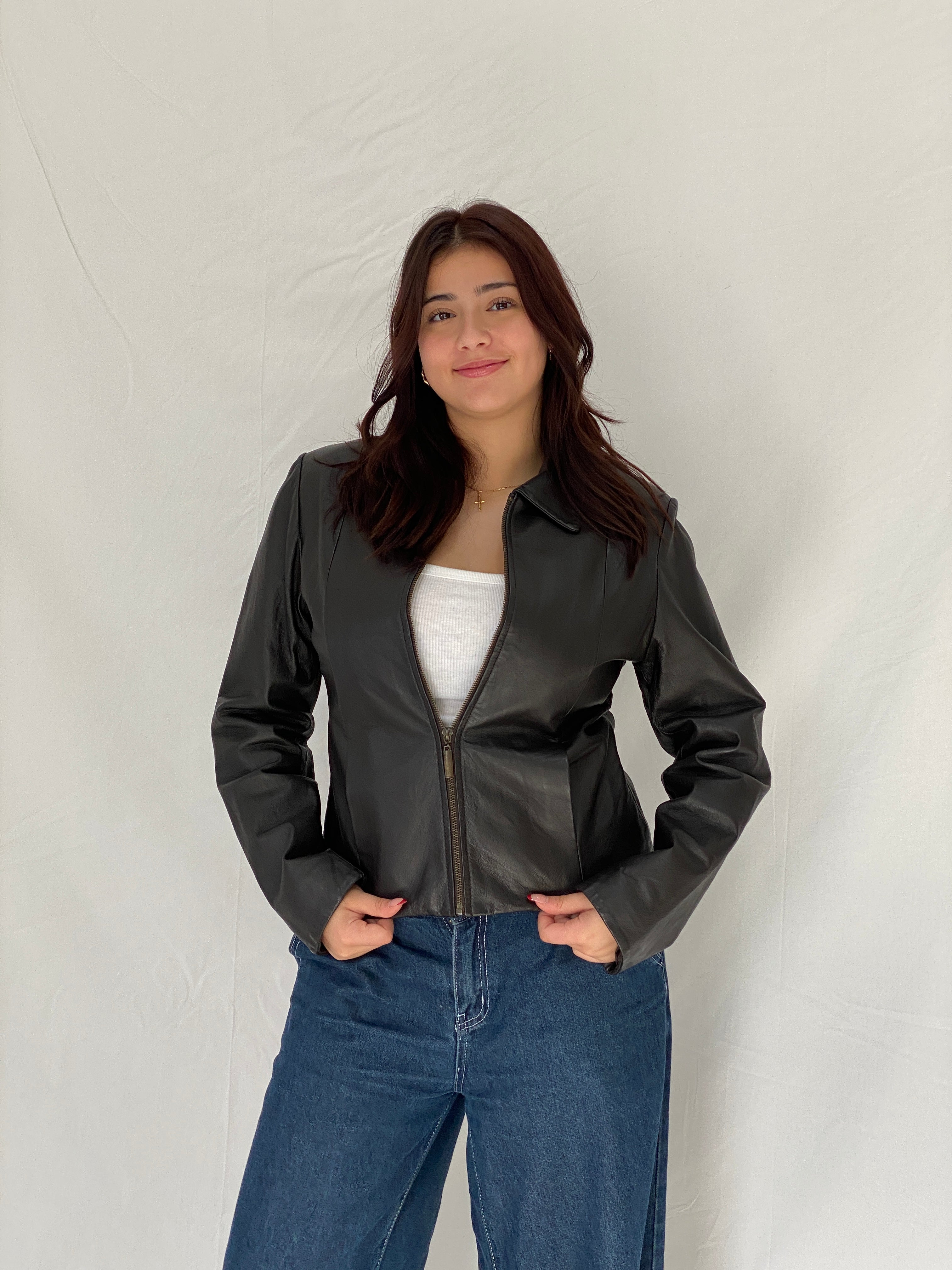 GUDDO Dark Chocolate Brown Genuine Leather Zip-Up Jacket – M