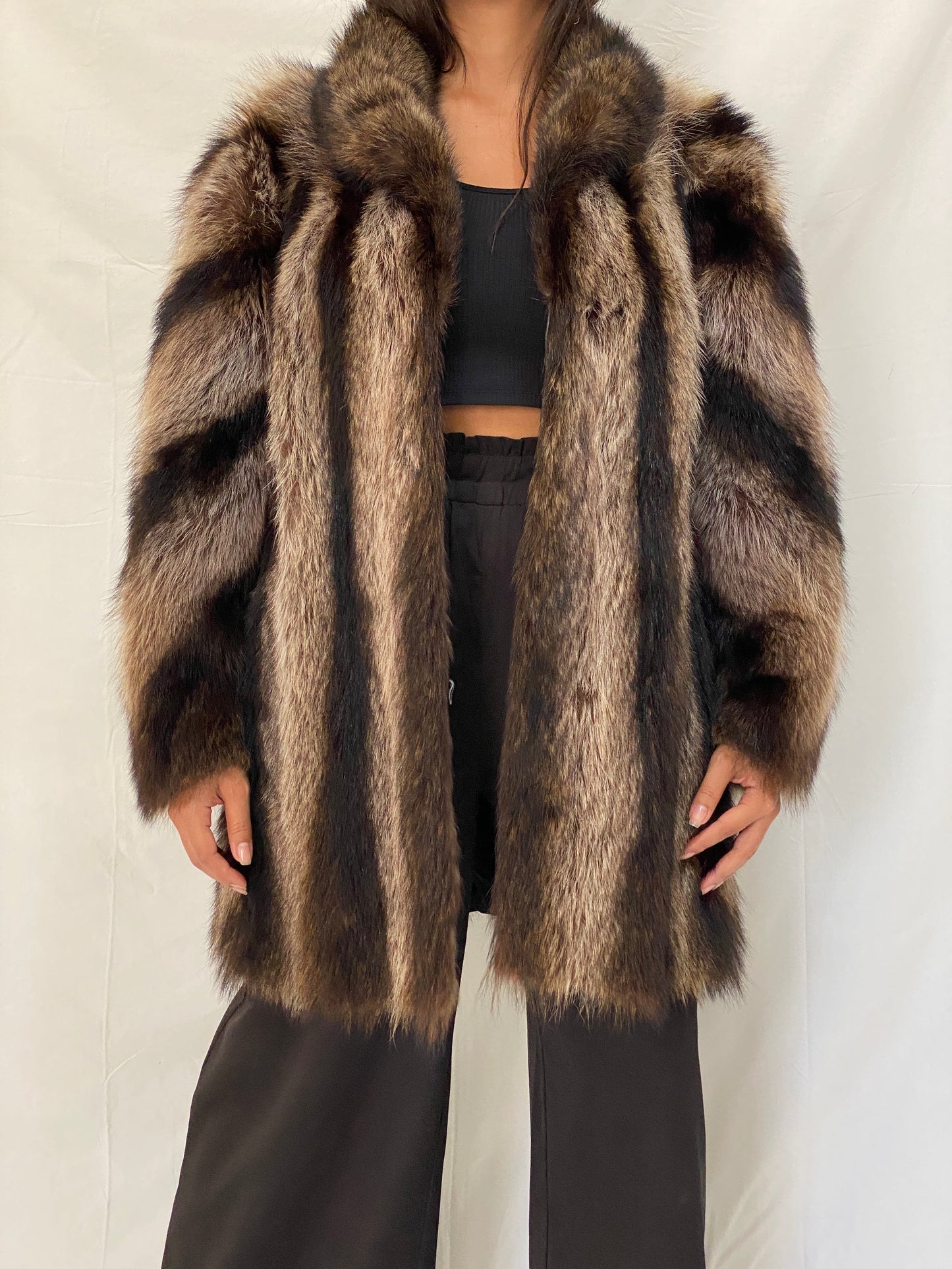 Vintage Real Fur Striped Brown & Black Coat Luxurious Genuine Raccoon Fur Winter Jacket - M