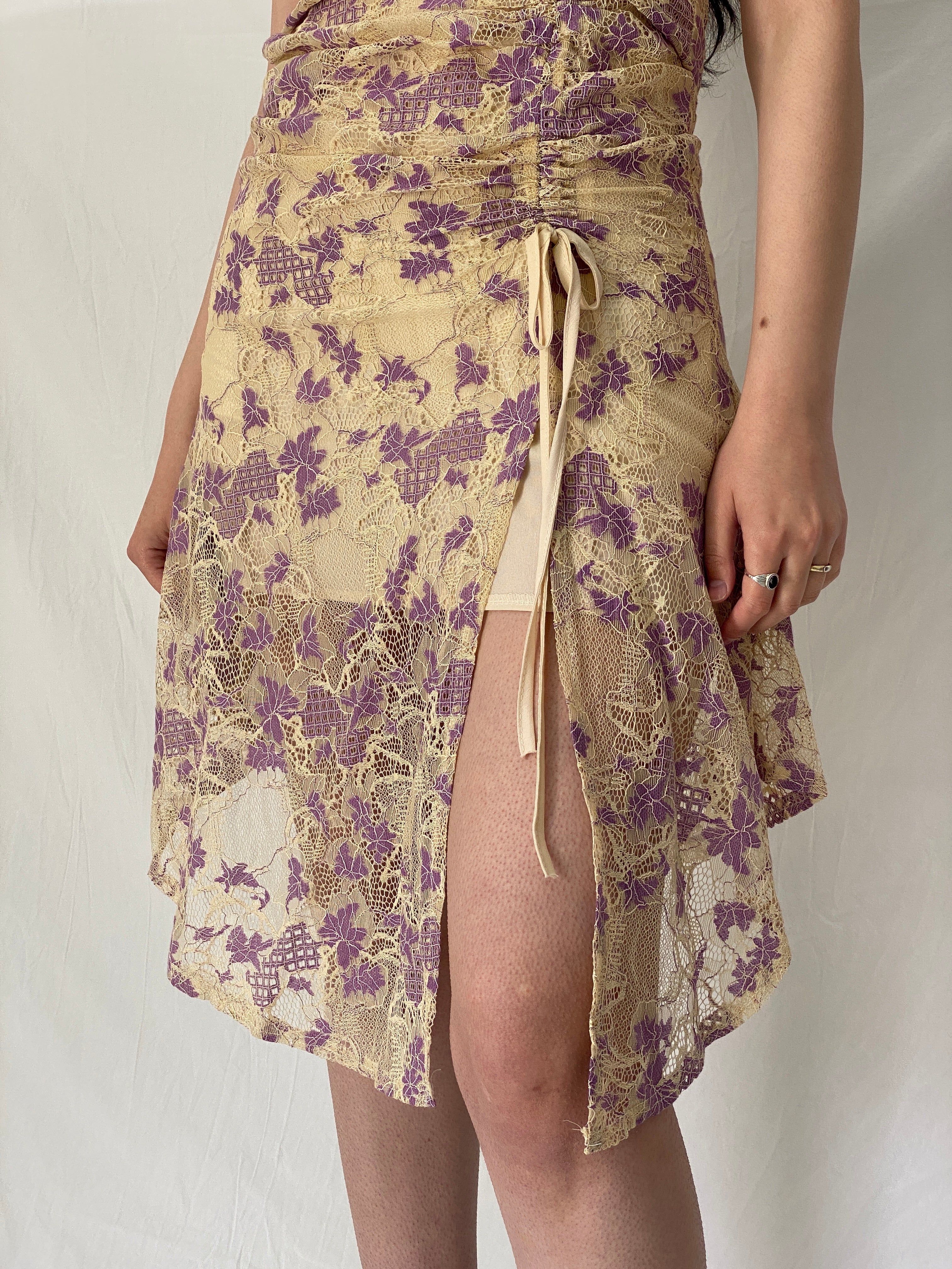 Vintage Y2K Six One Fashion Cream & Purple Floral Lace Ruched Tie-Side Slip Dress - M