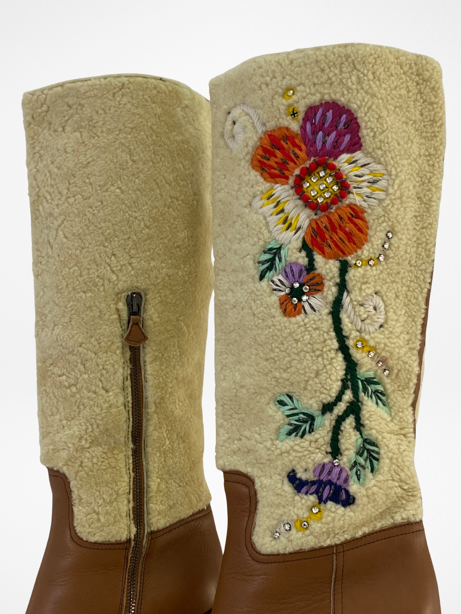 Vintage Miu Miu Brown Leather & Shearling Embroidered Knee-High Boots Block Heel - EU 38.5