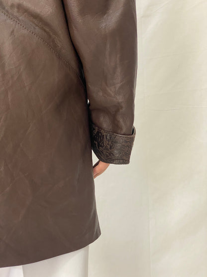 Vintage 1985 Brown Leather Blazer Coat Spanish Sheepskin Embossed Patchwork Jacket - L