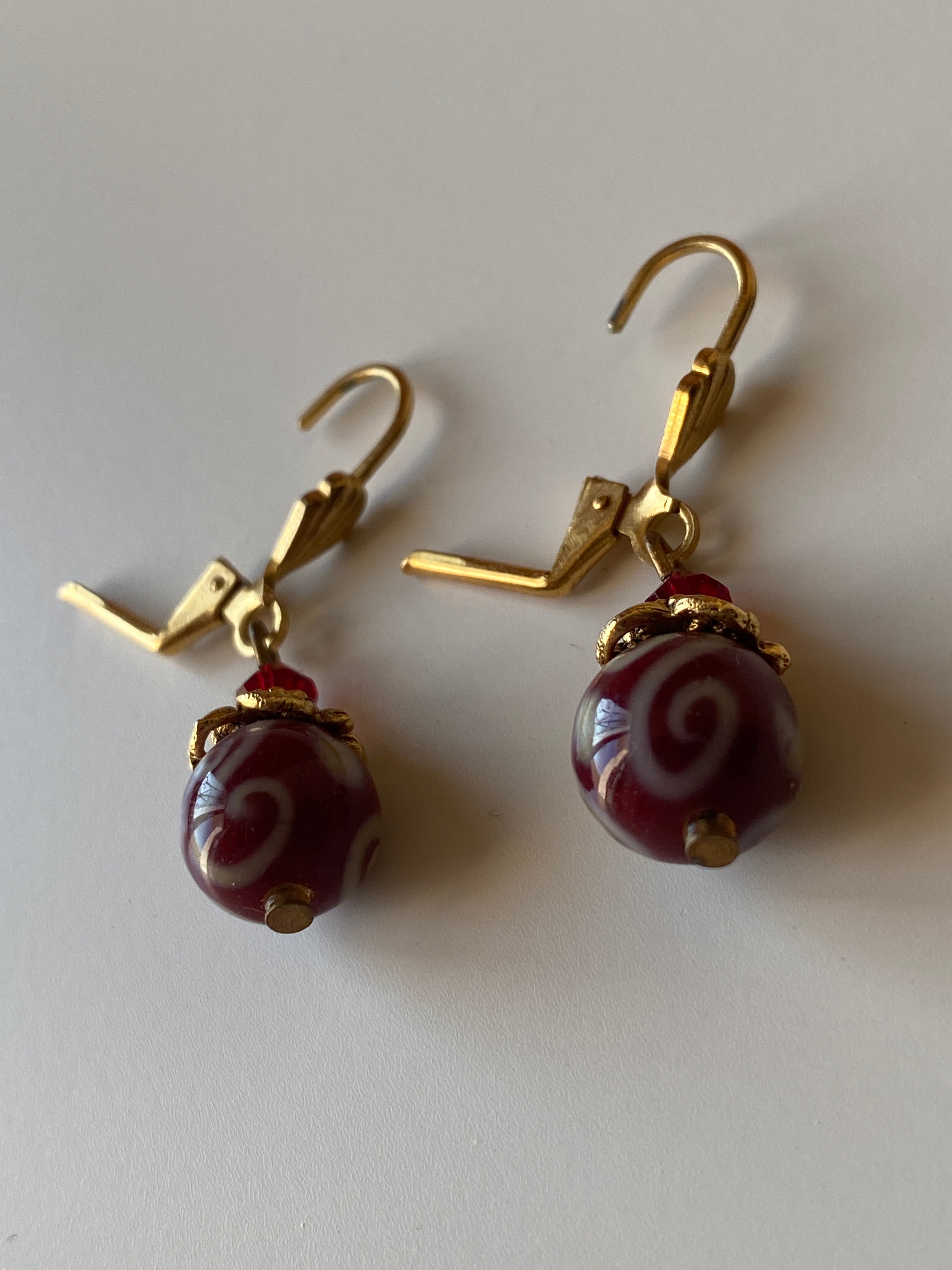 Vintage Burgundy Glass Bead Drop Earrings with Gold Tone Accents