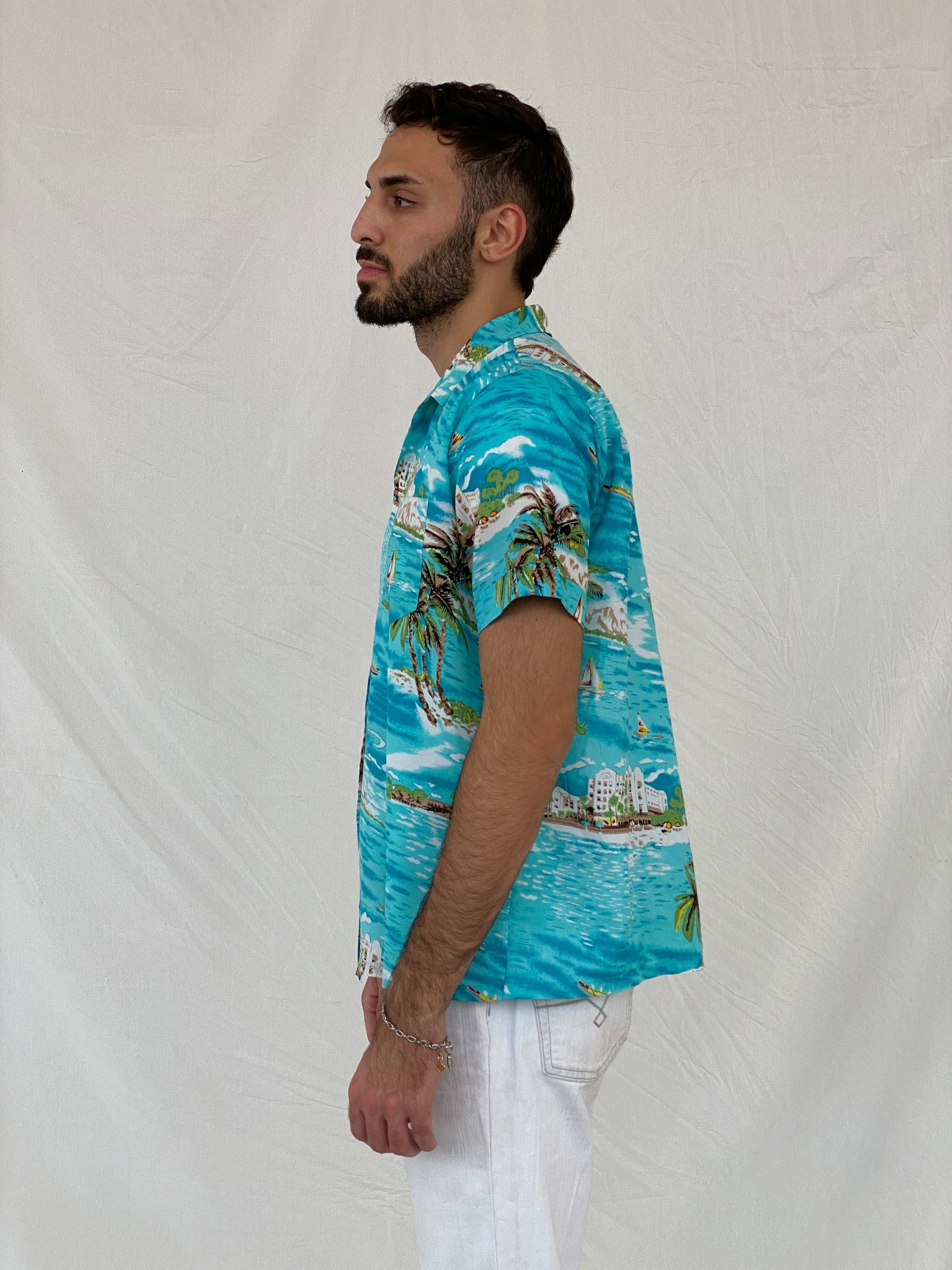 Vintage Romani Graphic Hawaiian Blue Beach Shirt - L - Balagan Vintage Half Sleeve Shirt 00s, 90s, Awsam, graphic, half sleeve shirt, NEW IN, printed shirt