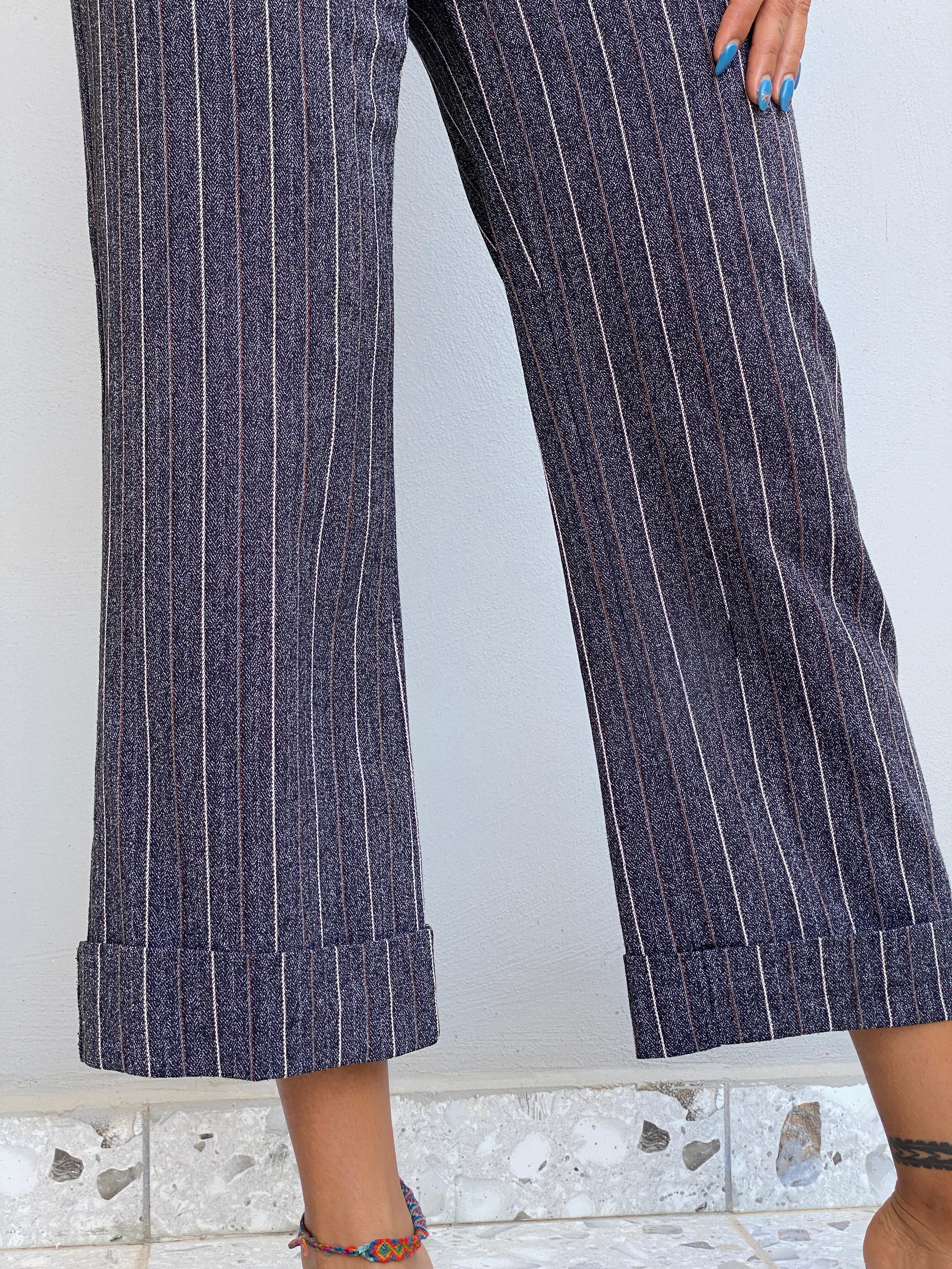 Vintage Y2K Grey Pinstripe Cropped Wide Leg Trousers Low Rise Office Siren Pants - S