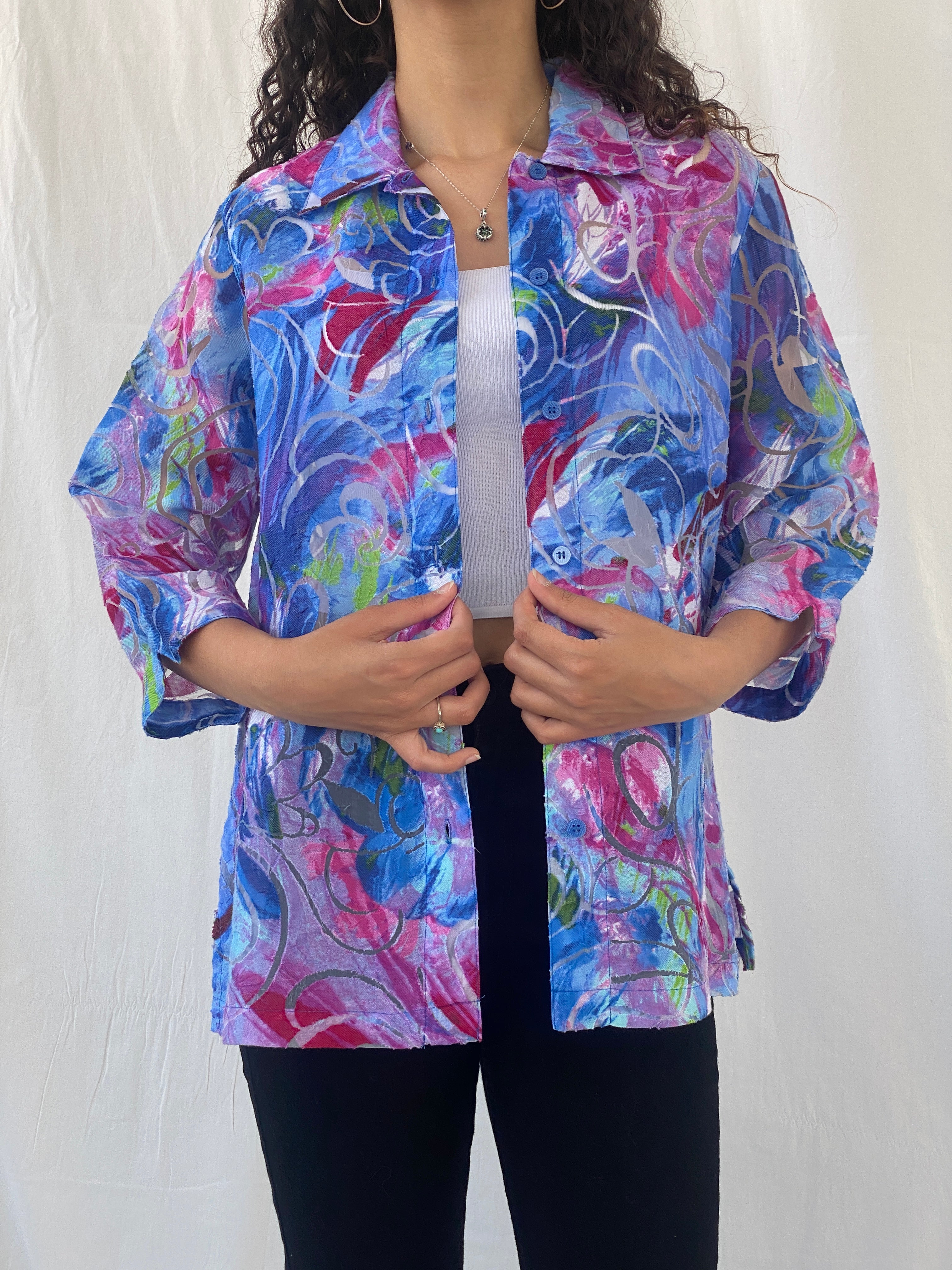 Vintage ALIA Floral Blue Pink Sheer Women’s 3/4 Sleeve Shirt - M