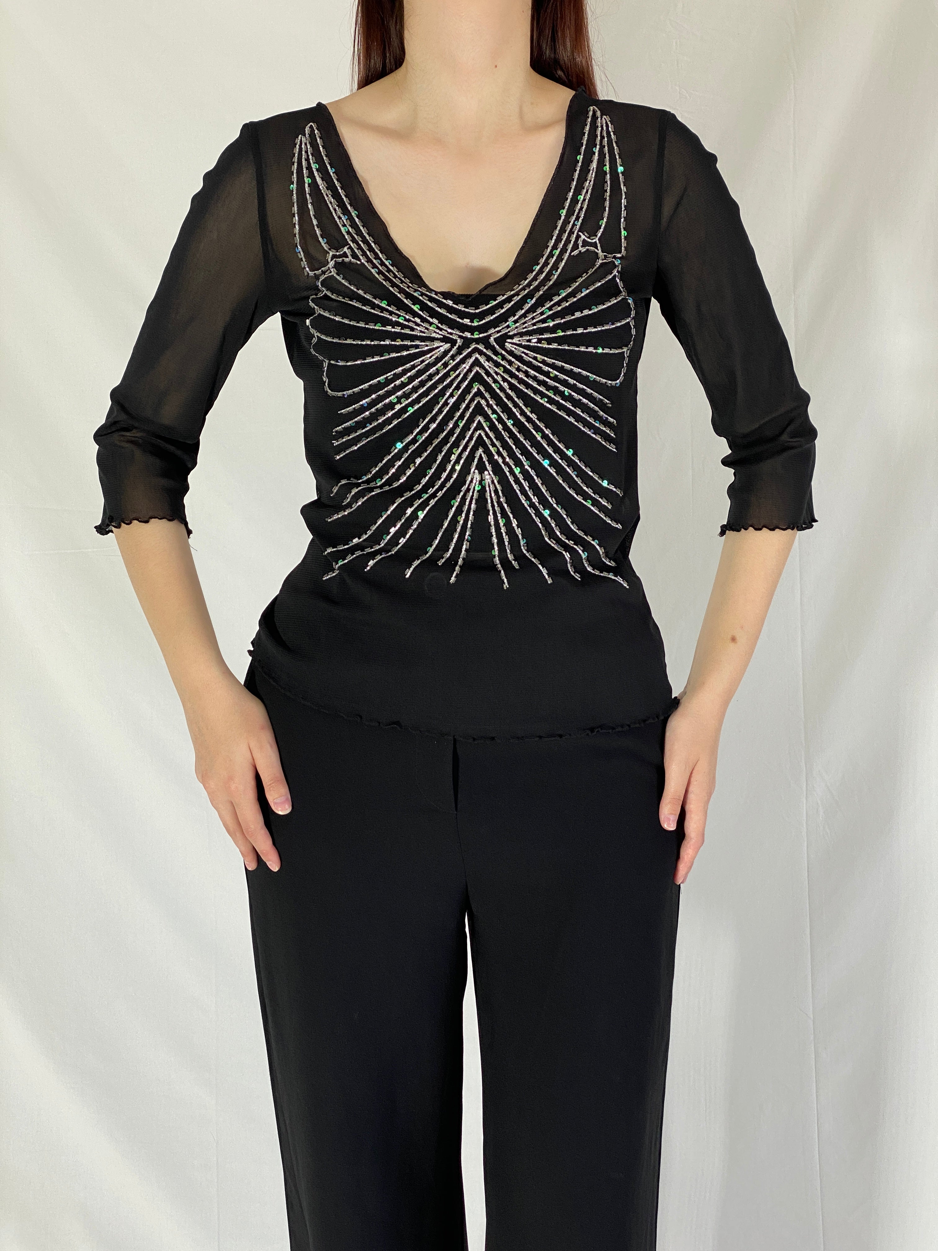 Vintage Y2K Jennifer Taylor Sheer Beaded Butterfly Mesh Top - L