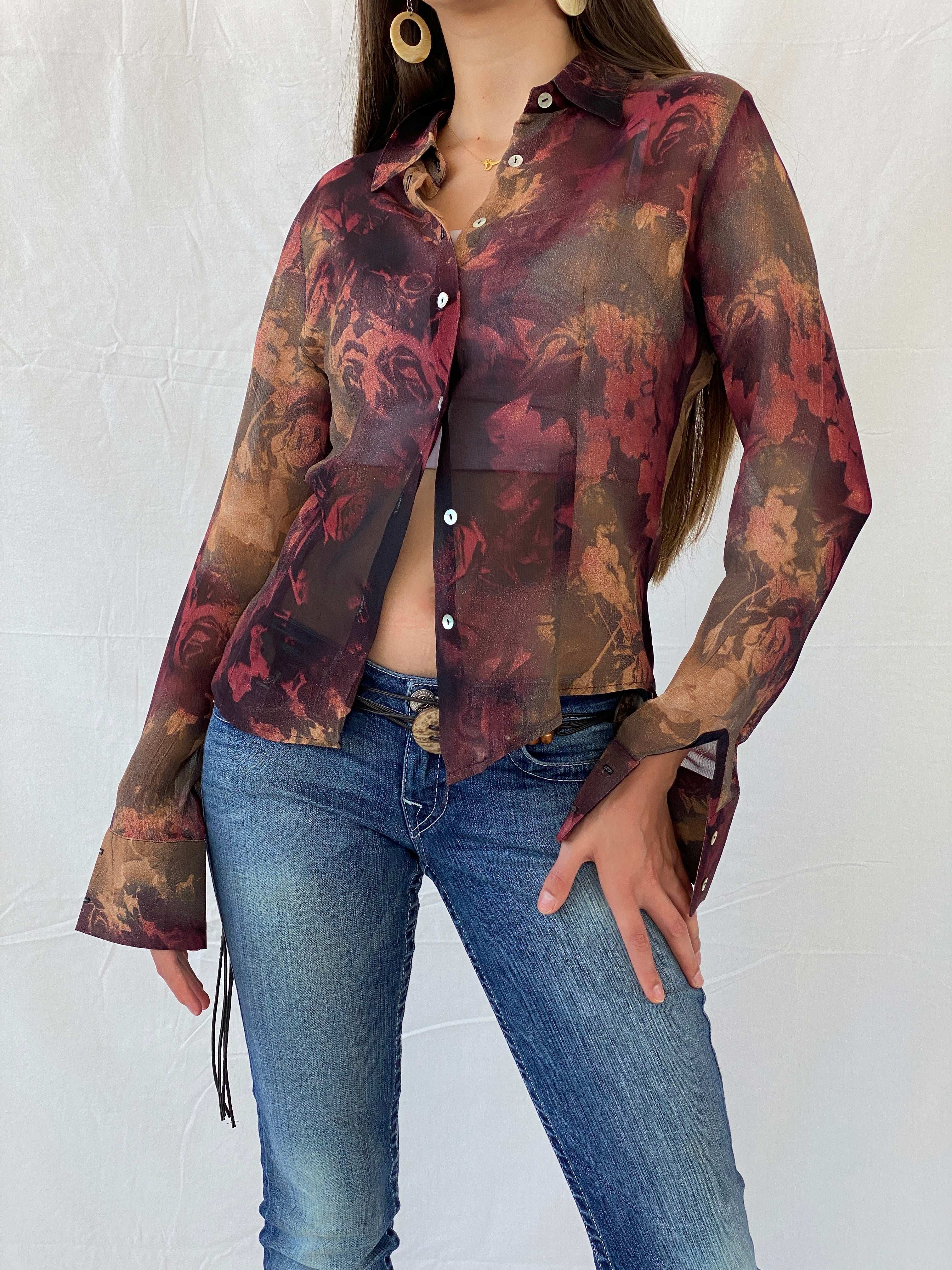 Vintage 90s LA CITY Paris Sheer Maroon Floral Shirt - M