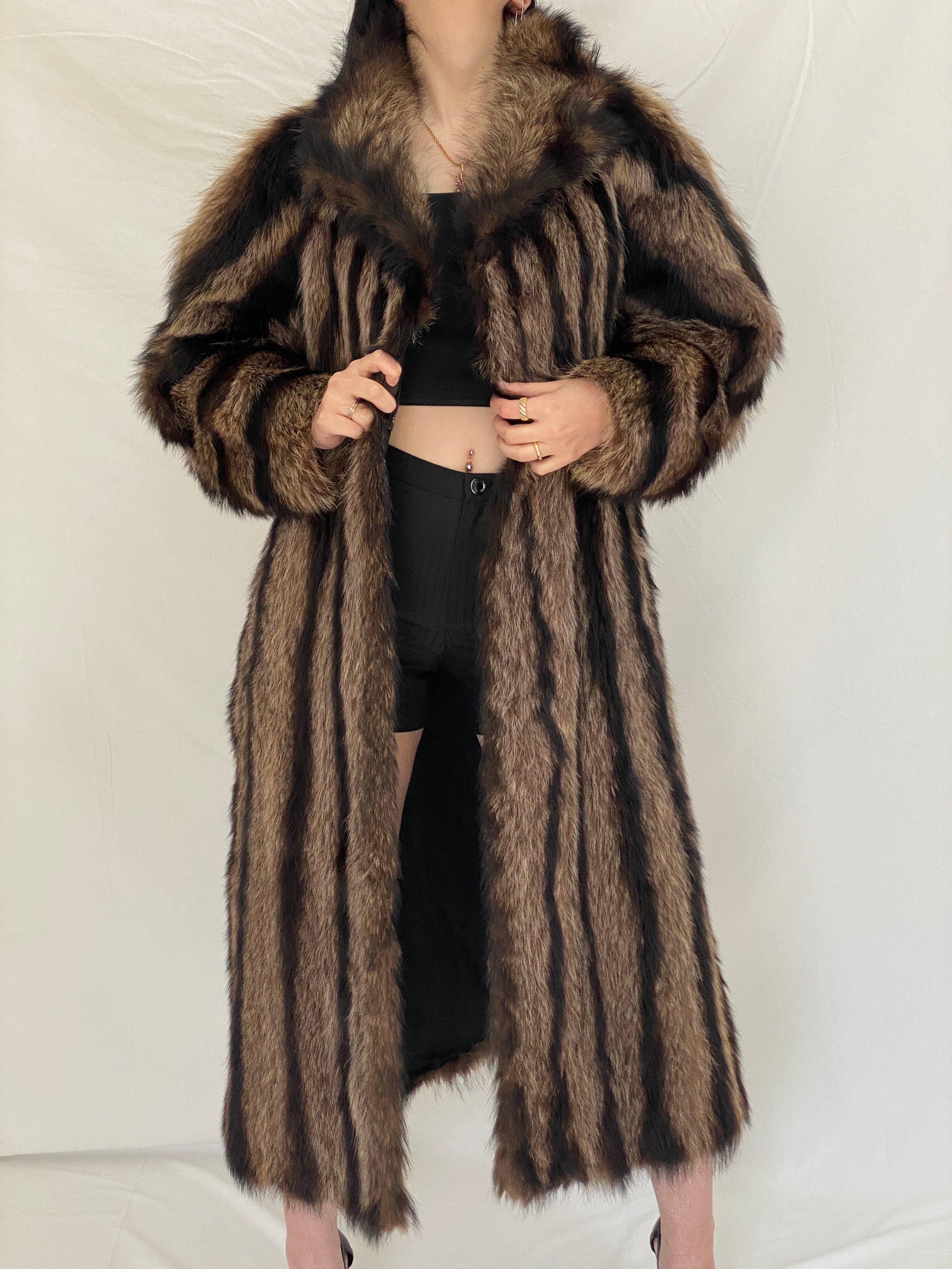 Vintage Handmade Real Raccoon Fur Brown Long Coat Luxury Statement Coat - L