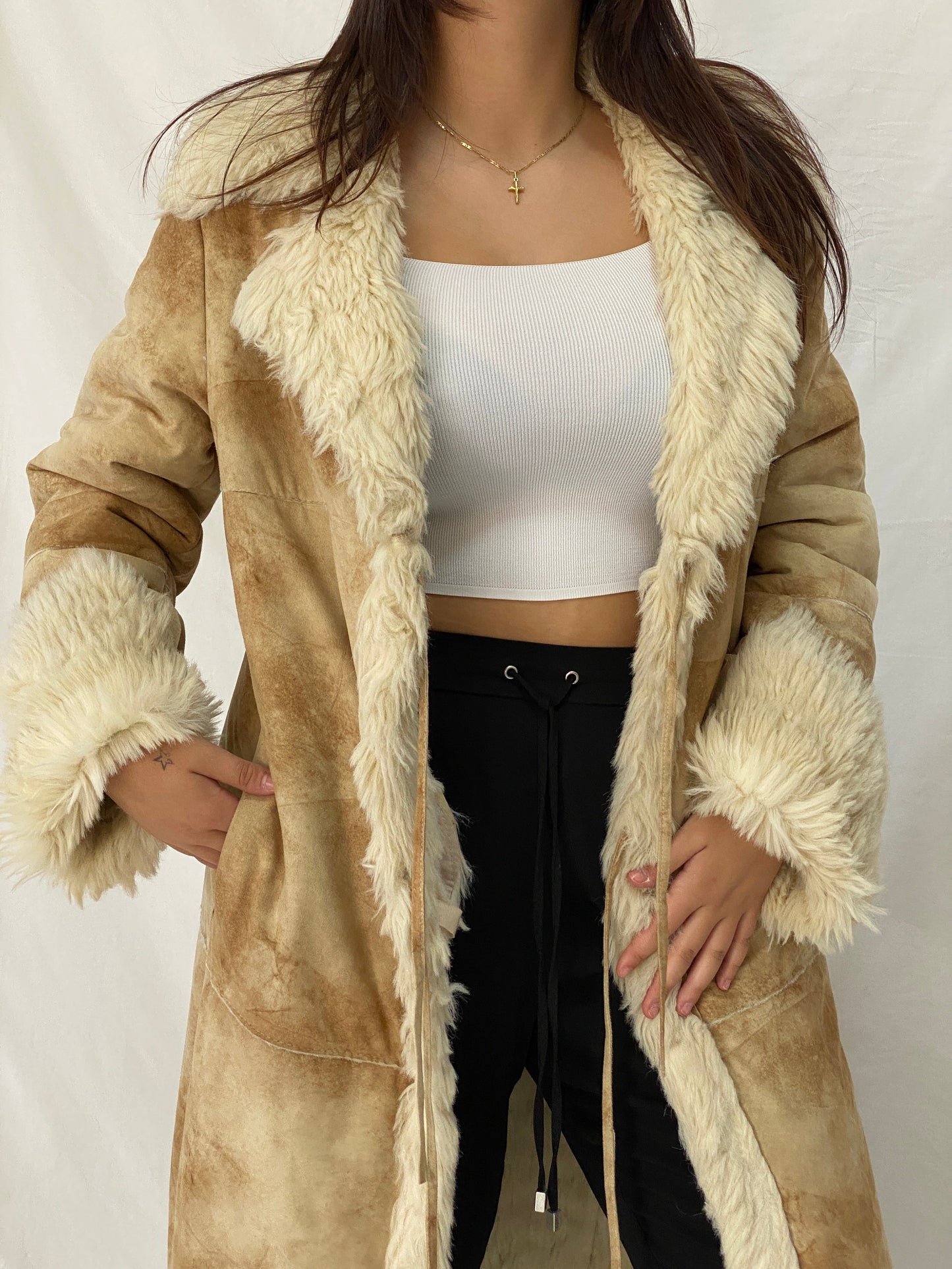 FREEHORN by Conbipel Faux Fur Lined Italian Genuine Leather Penny Lane Coat 70s Boho Jacket - XL