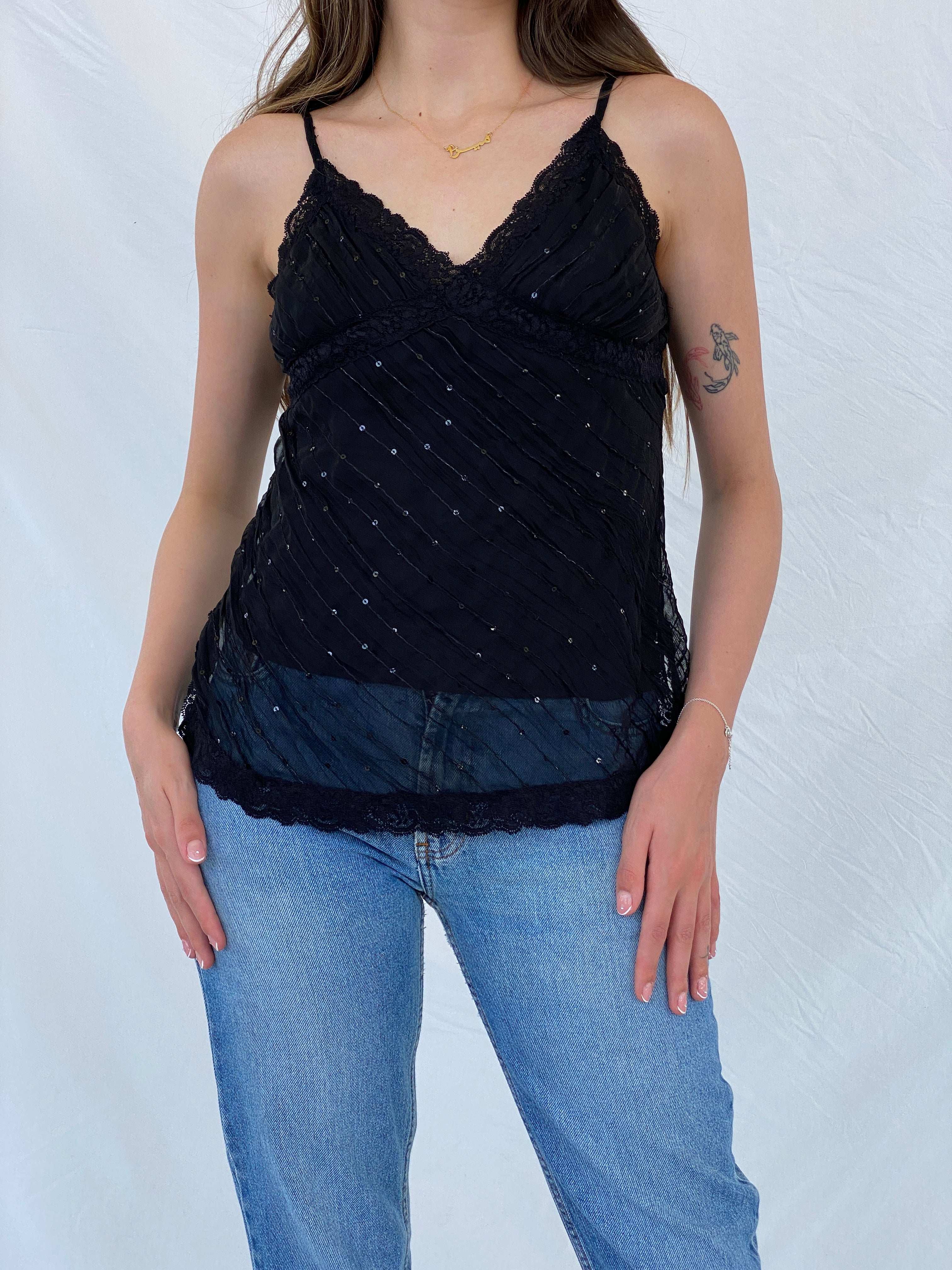 Vintage 90s Fire Los Angeles Sequin Black Lace Trim Cami Top - S - Balagan Vintage Cami 00s, 90s, Cami, Mira, NEW IN, sheer, shimmer