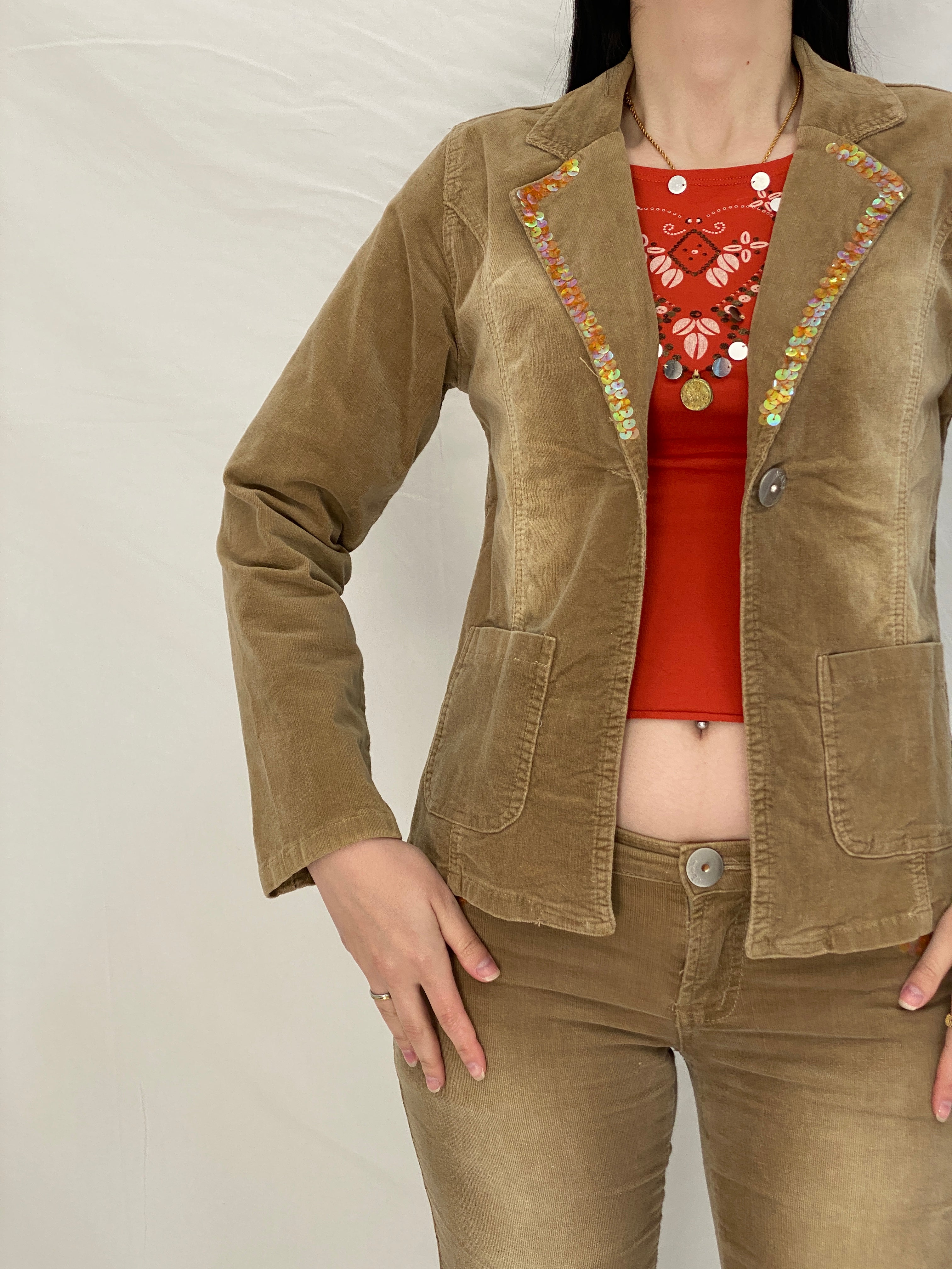 Y2K No Body Classic Fashion Brown Corduroy Jacket & Flared Pants Set with Sequin Trim - M