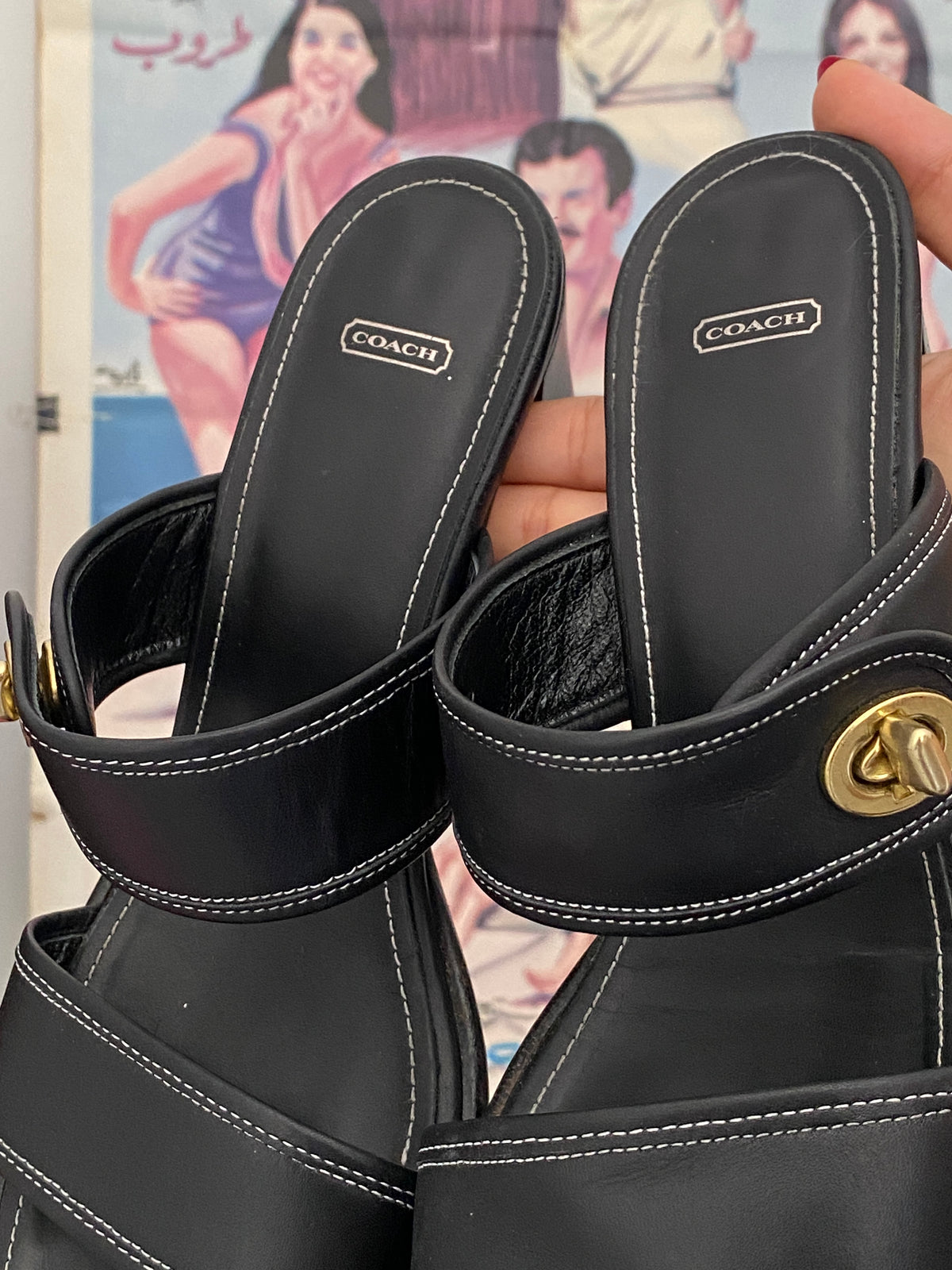 Vintage Coach Molly Black Leather Turnlock Block Heel Sandals - 38.5 EU