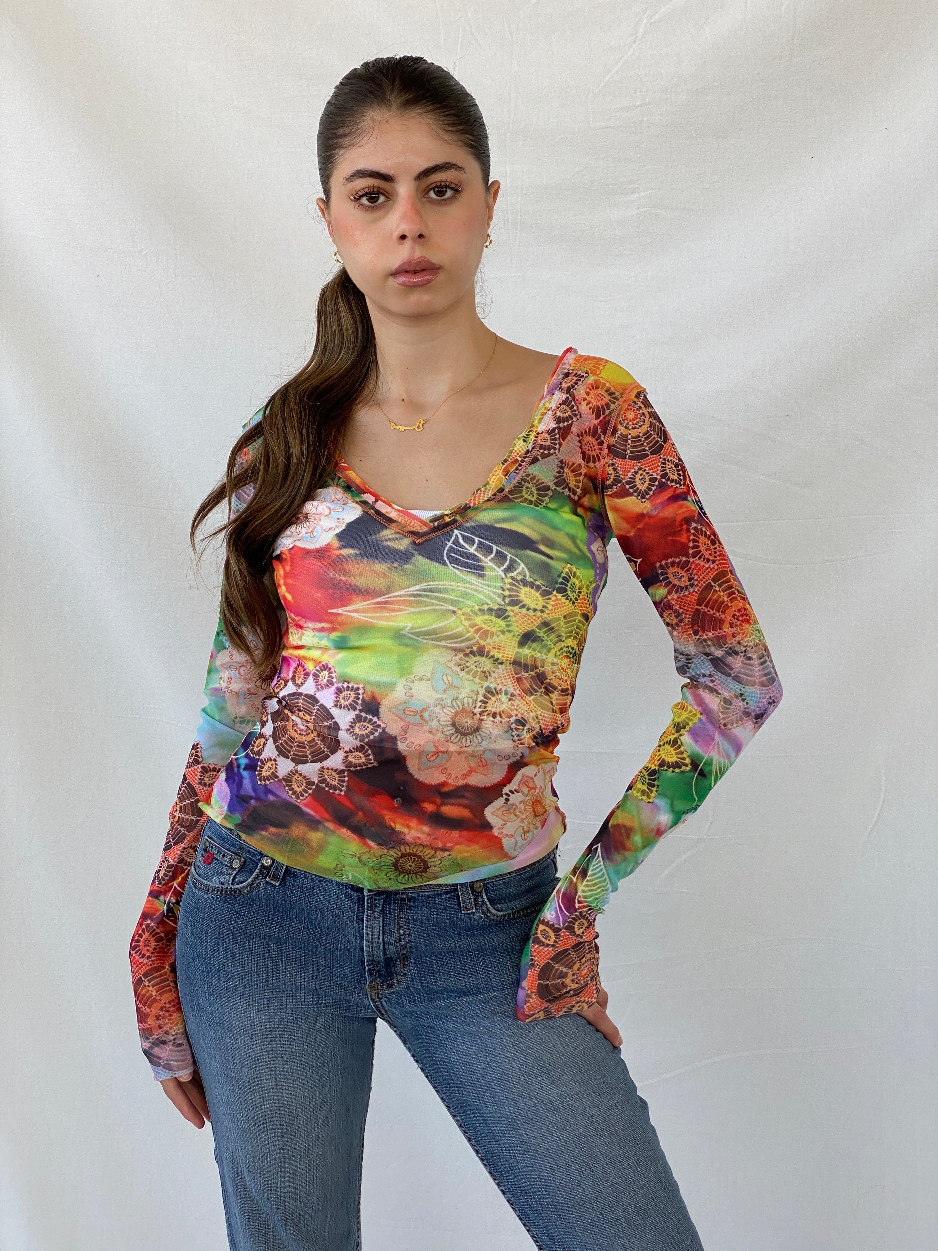 United Colors of Benetton Floral Graphic Mesh Full Sleeve Top - S