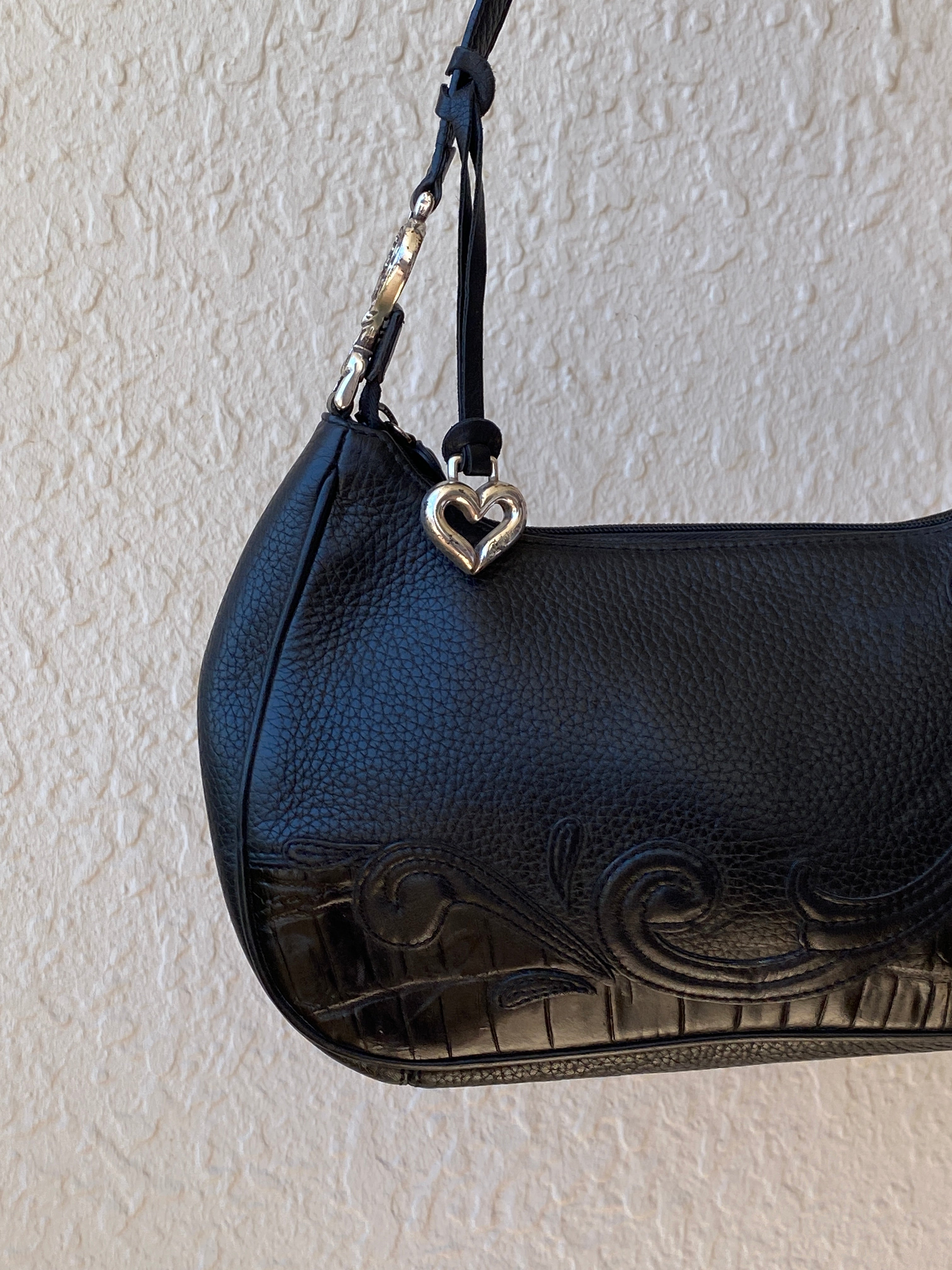 Vintage Y2K Brighton Black Genuine Leather Whimsigoth Shoulder Bag with Heart Charm