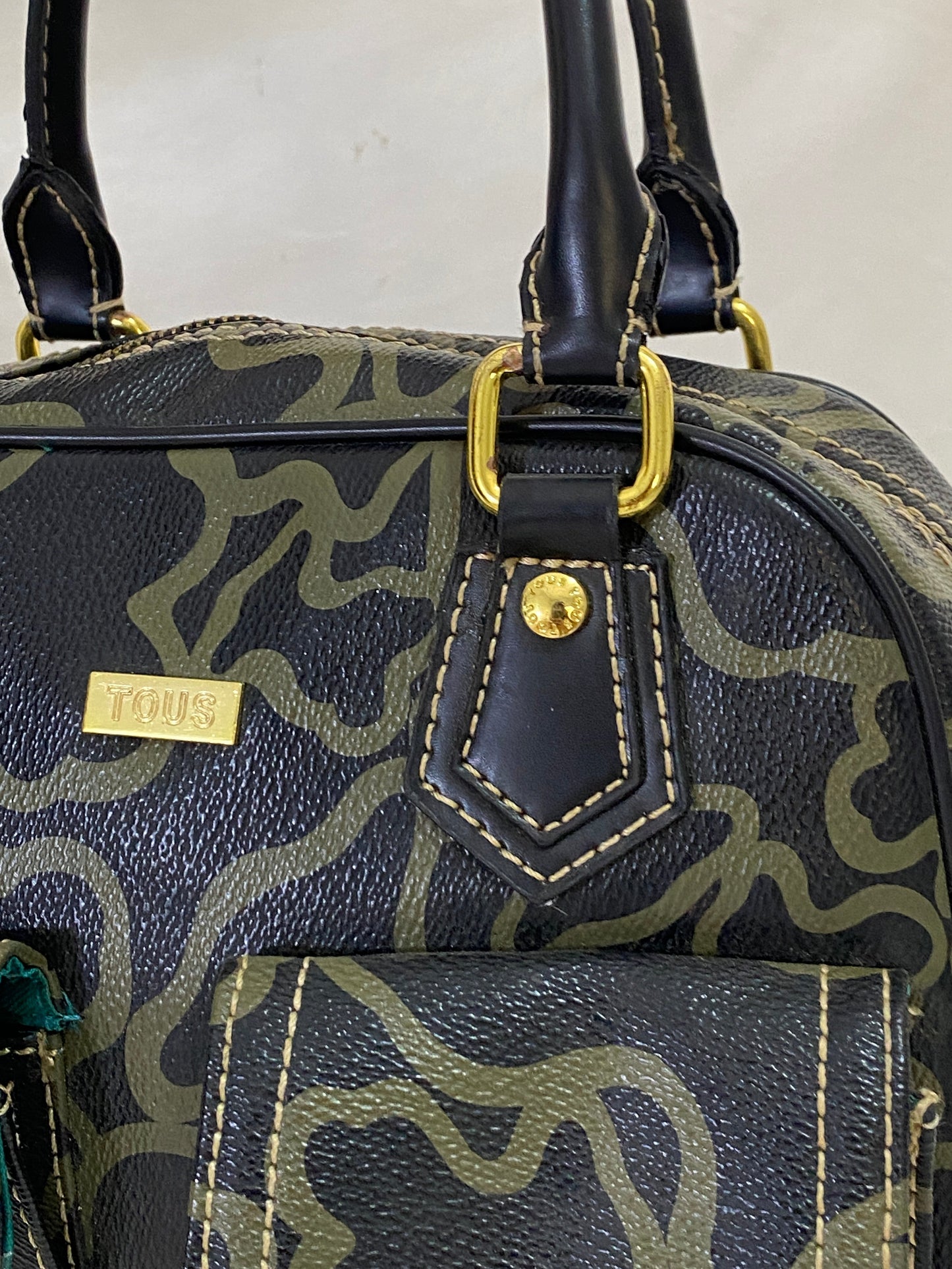 TOUS Kaos Monogram Satchel Bag Black Khaki Bear Logo Bowling Top Handle Purse