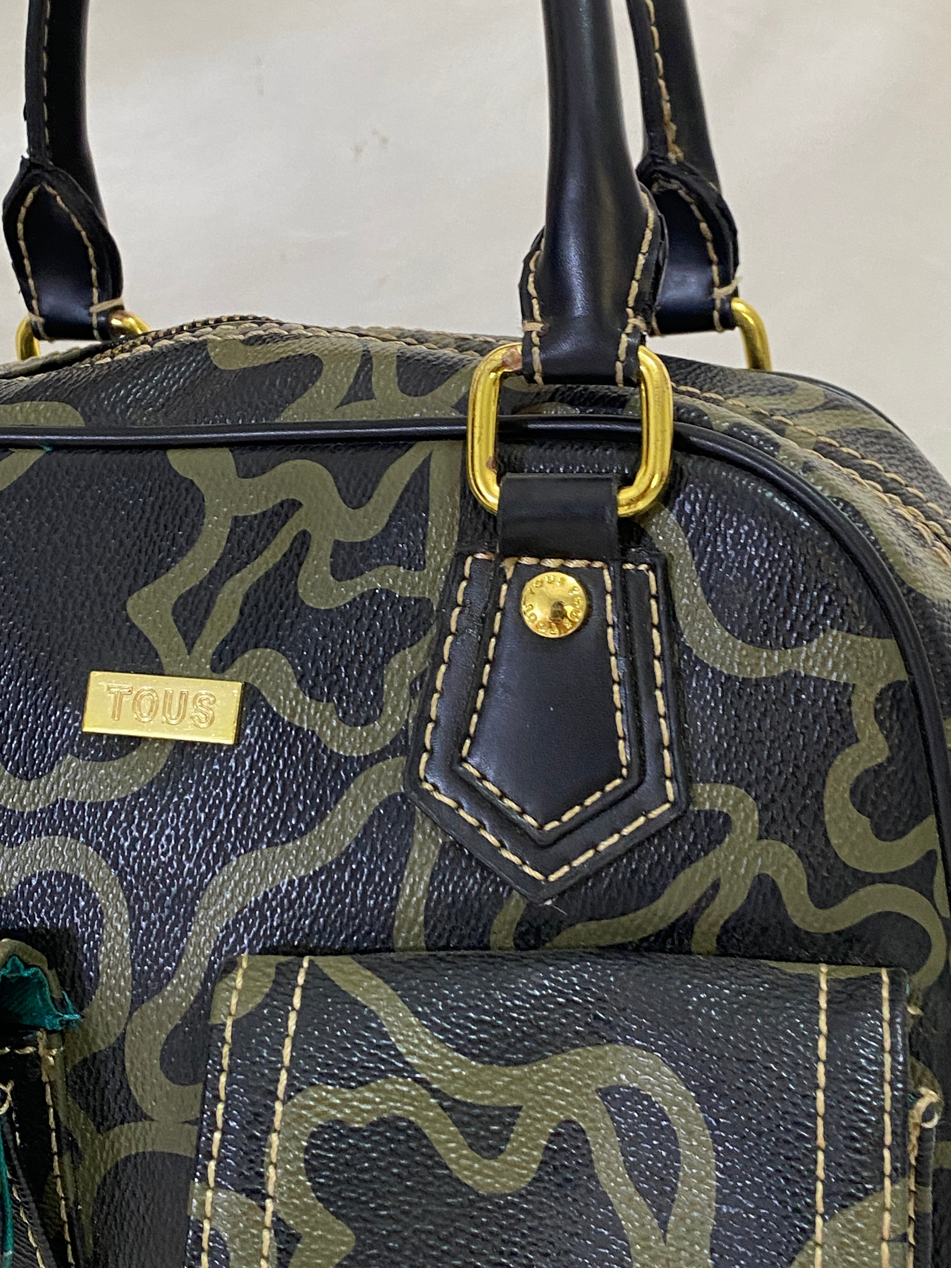 TOUS Kaos Monogram Satchel Bag Black Khaki Bear Logo Bowling Top Handle Purse