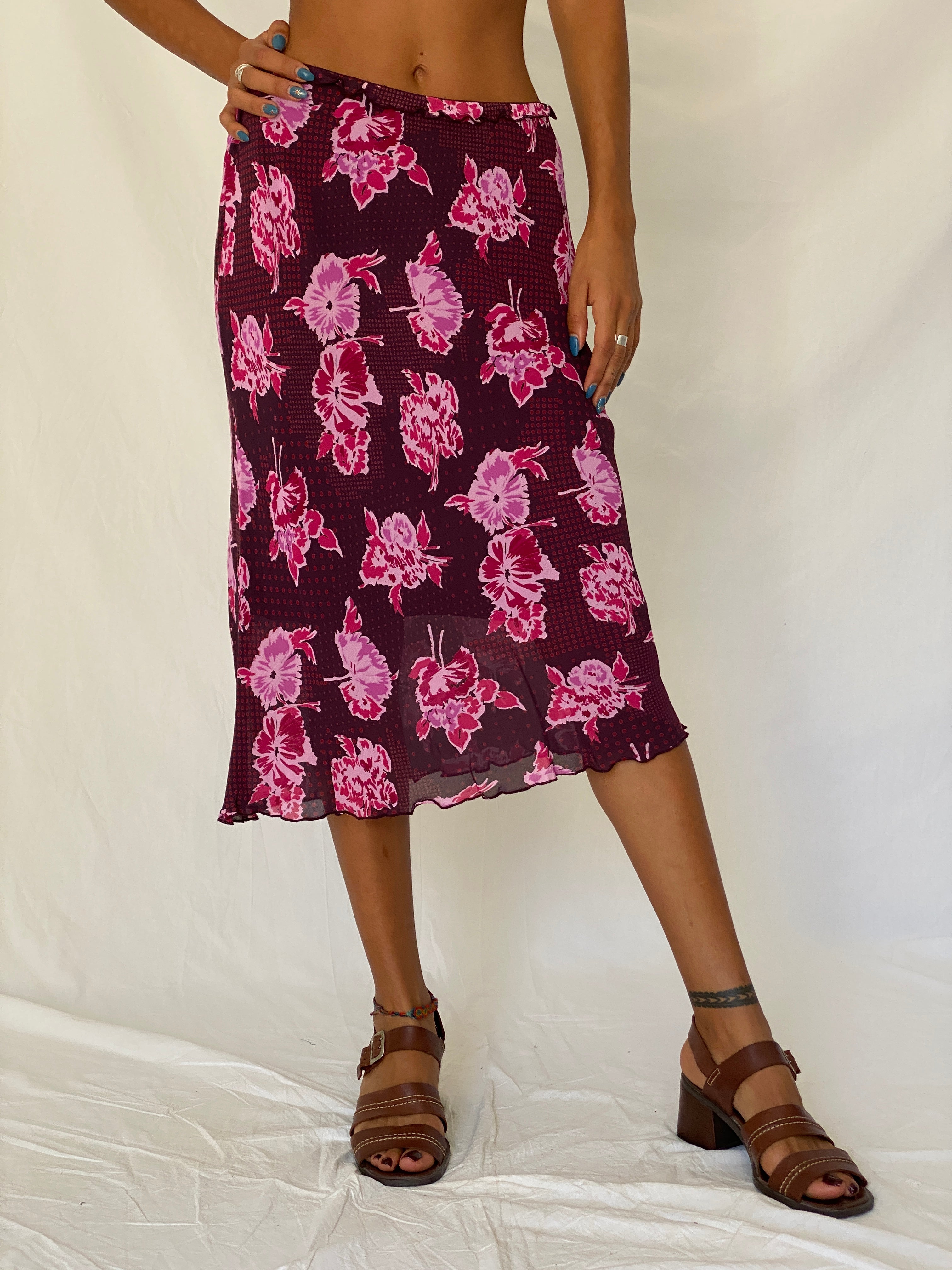 Vintage Y2K Caroll Paris Burgundy Pink Viscose Floral Midi Skirt – M