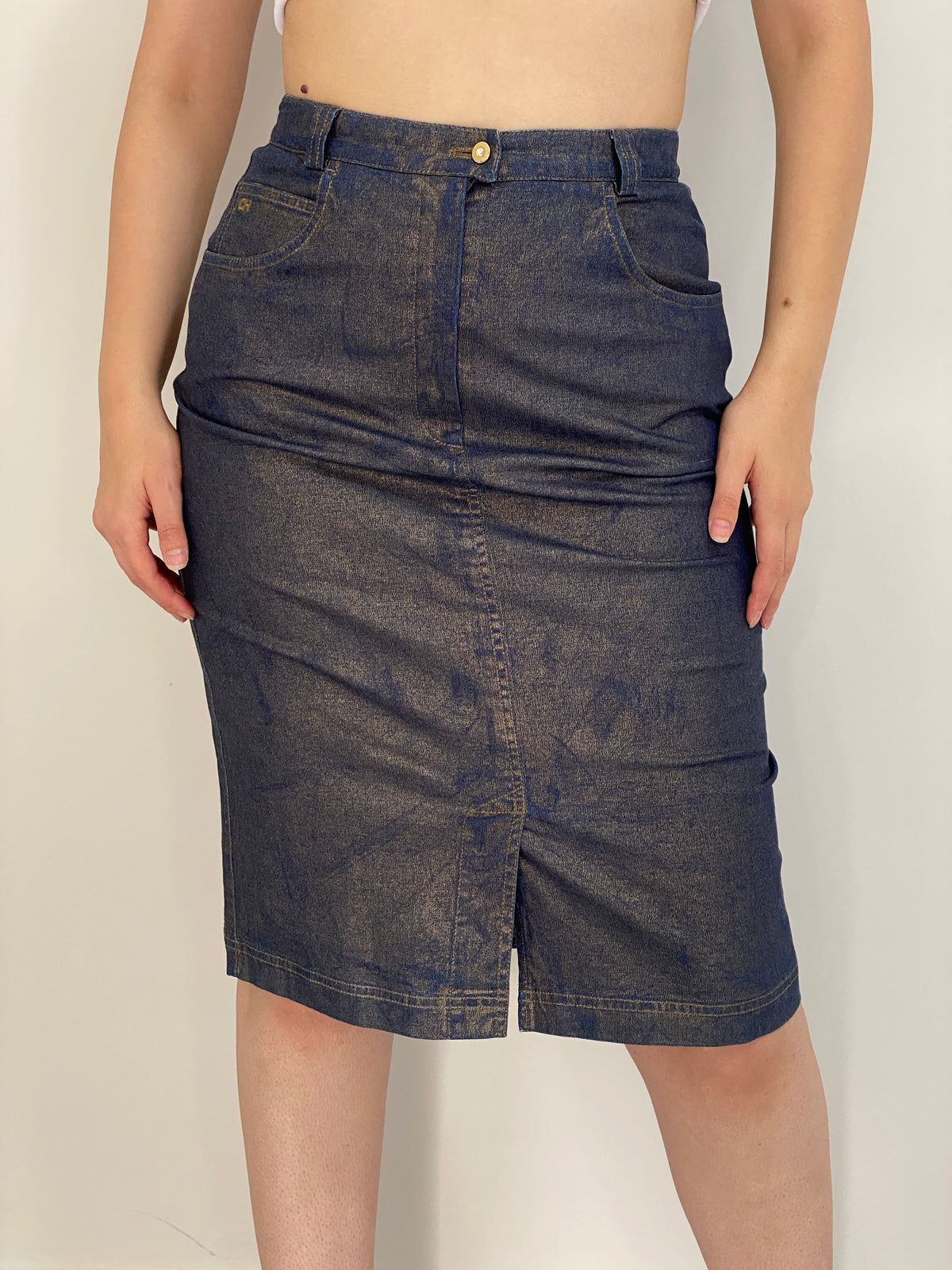 Y2K Catherina Hepher Metallic Gold Blue Denim Pencil Skirt – S