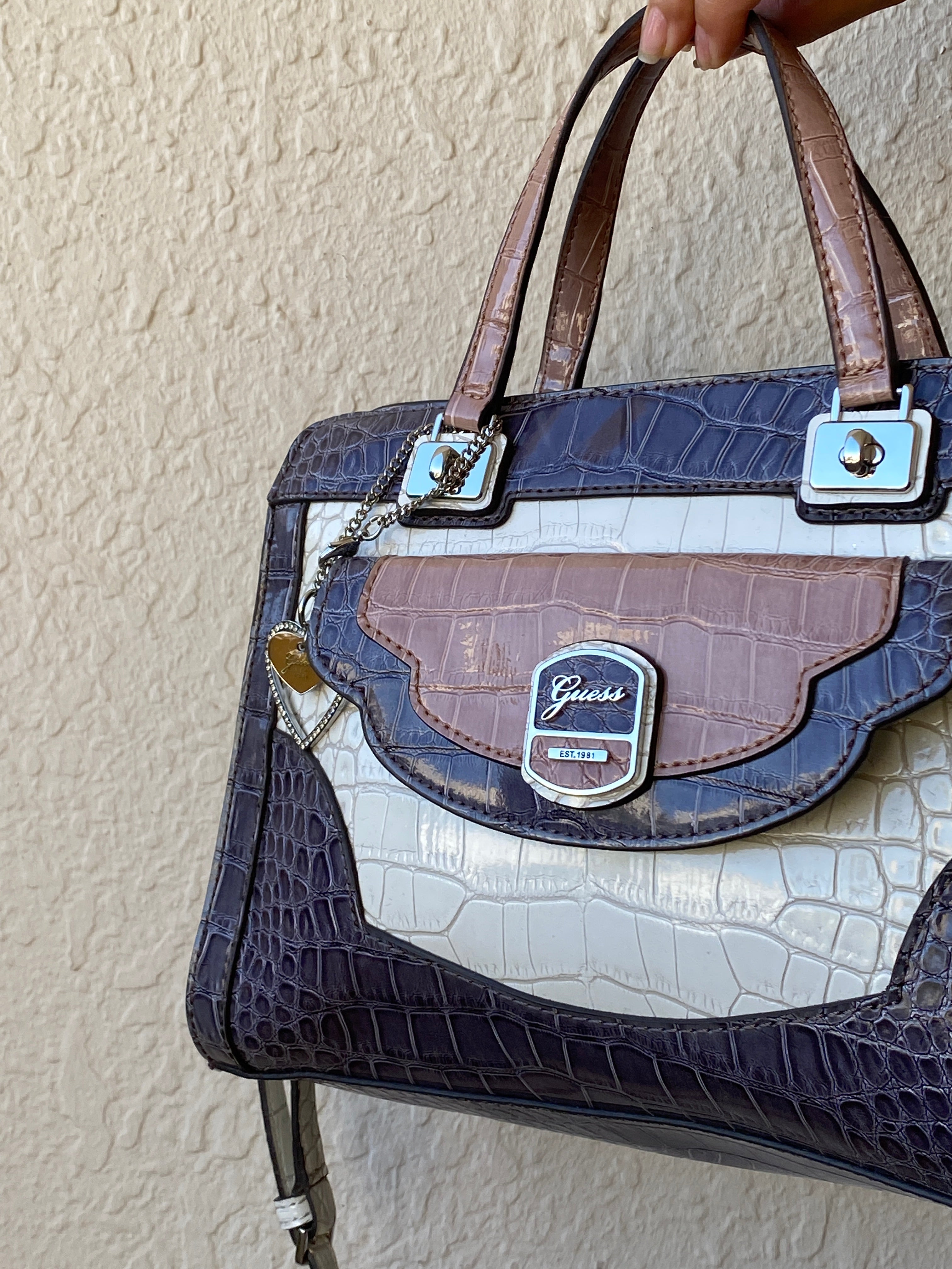GUESS Croc-Embossed Tri-Color Satchel Handbag with Crossbody Strap