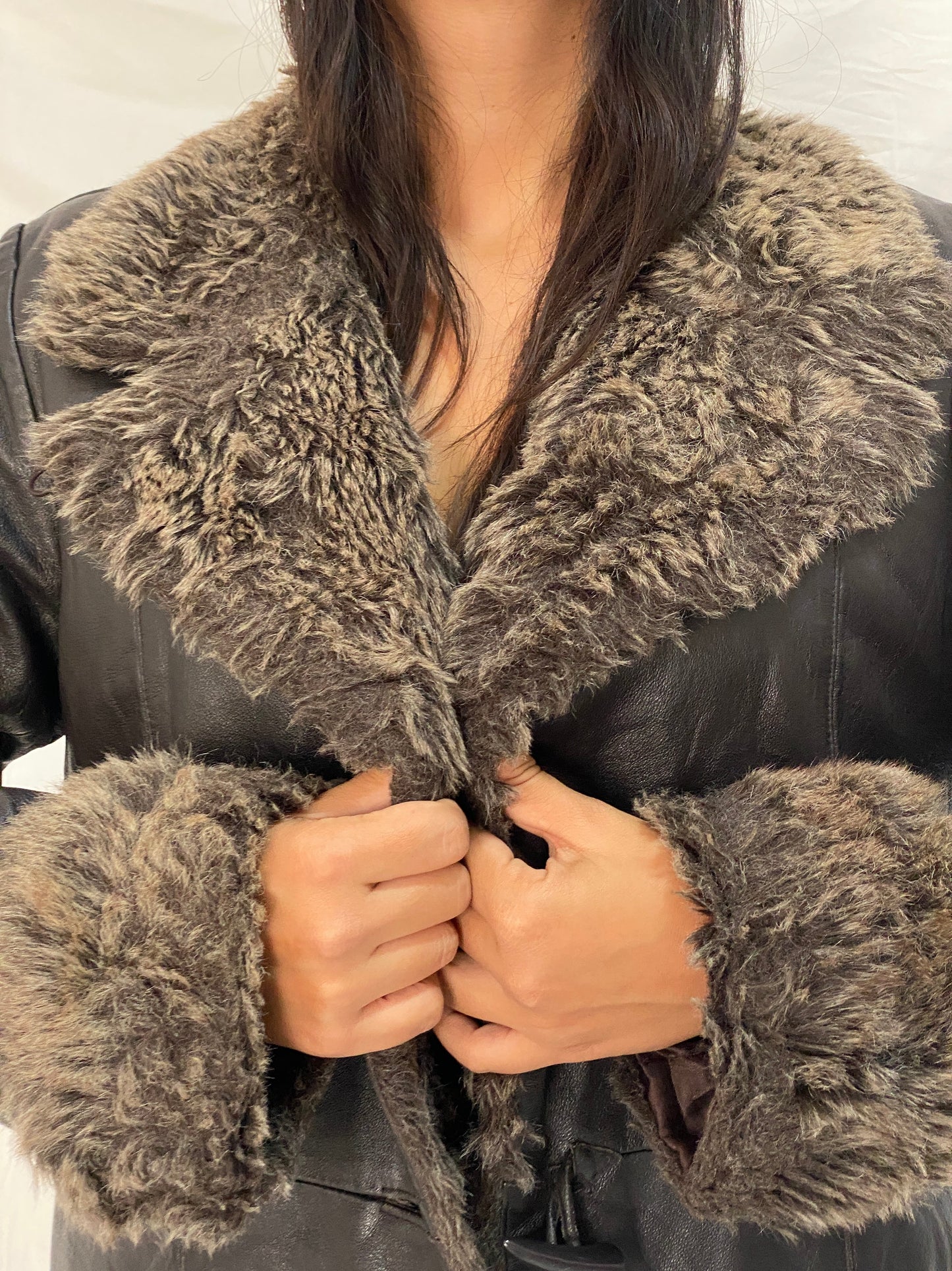 Vintage Genuine Leather Coat with Faux Fur Collar & Cuffs 70s Style Shearling Lined Brown Jacket - XL